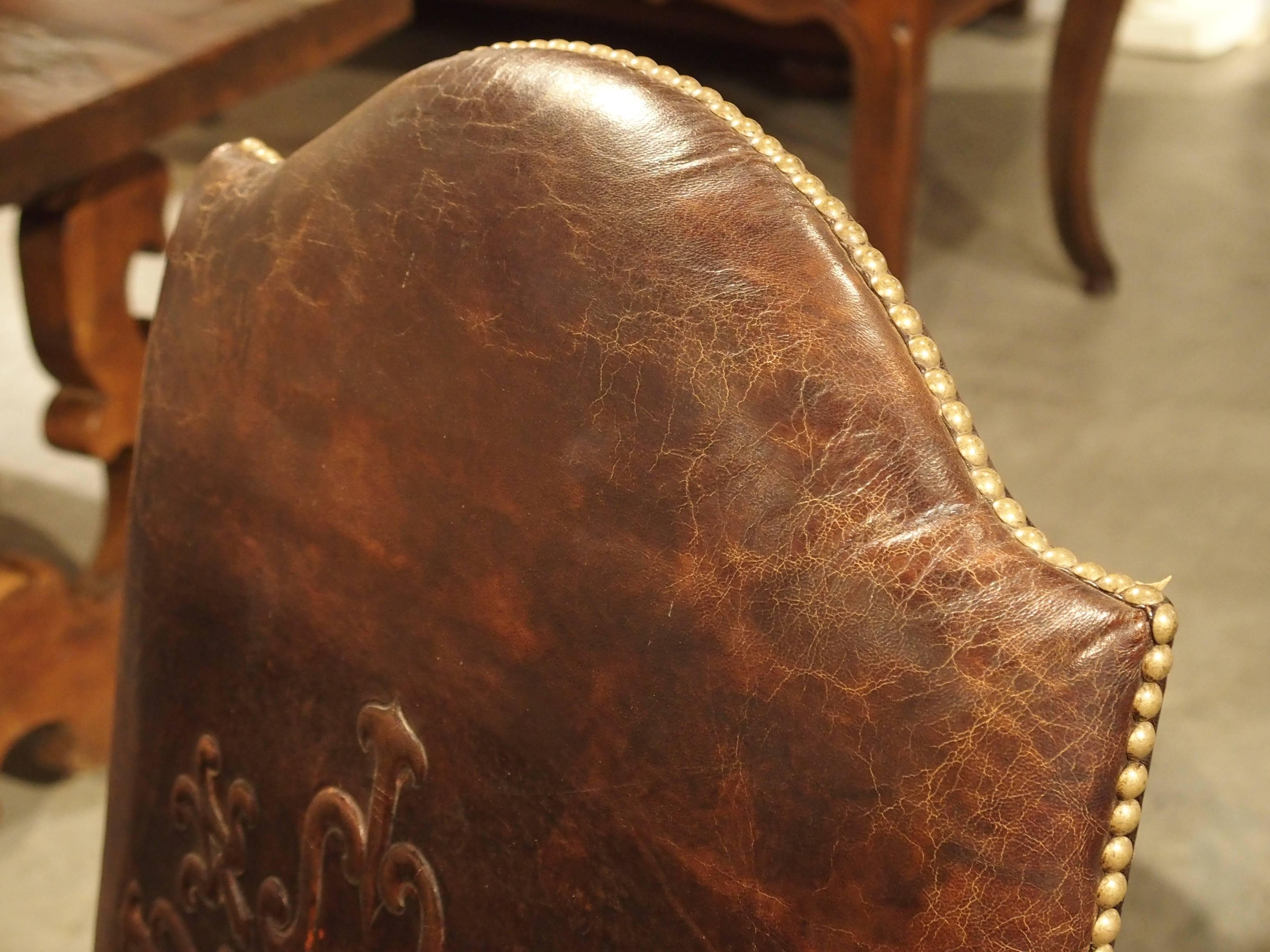 French Embossed Leather Walnut Wood Side Chair from France