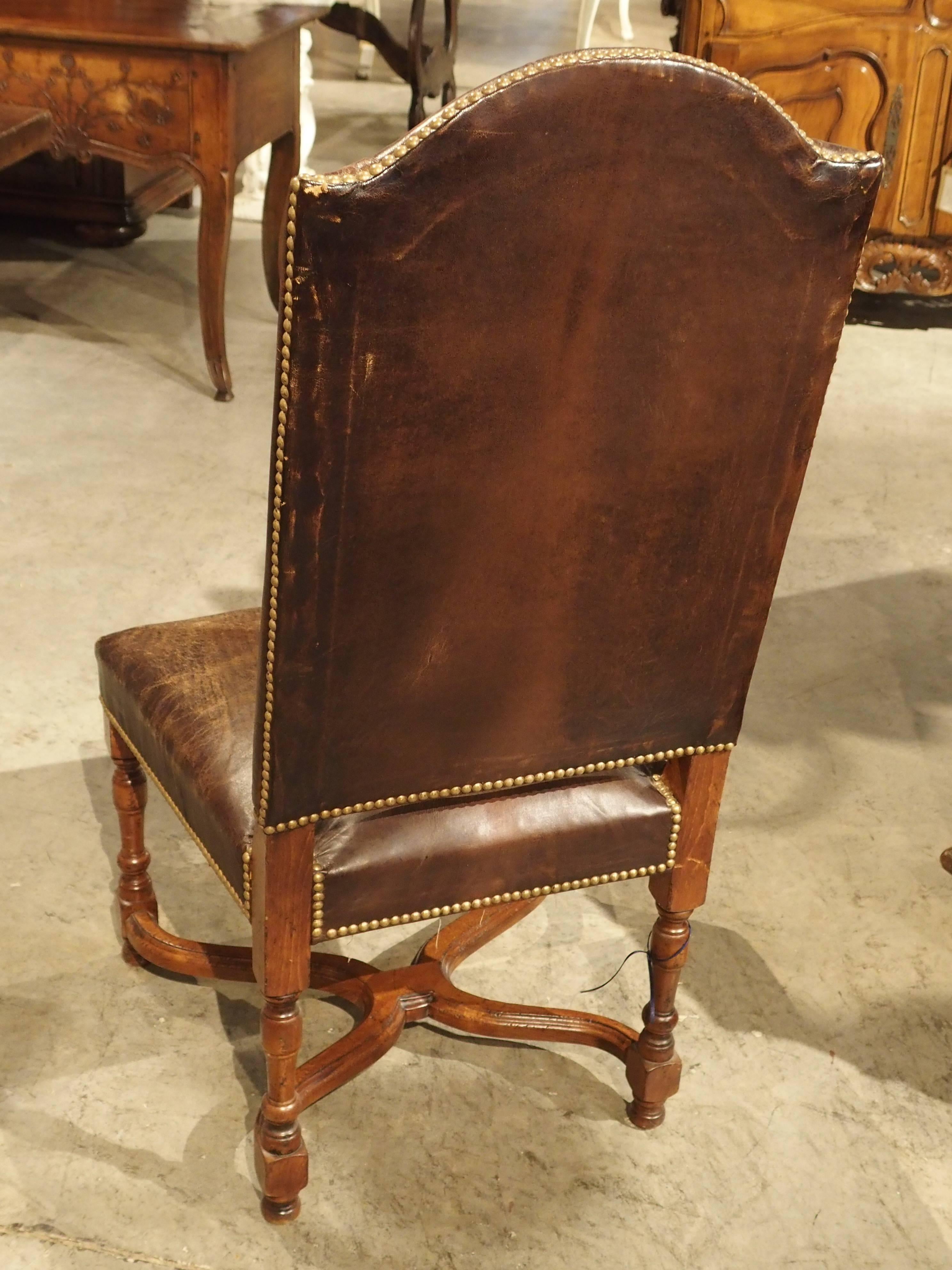 Carved Embossed Leather Walnut Wood Side Chair from France
