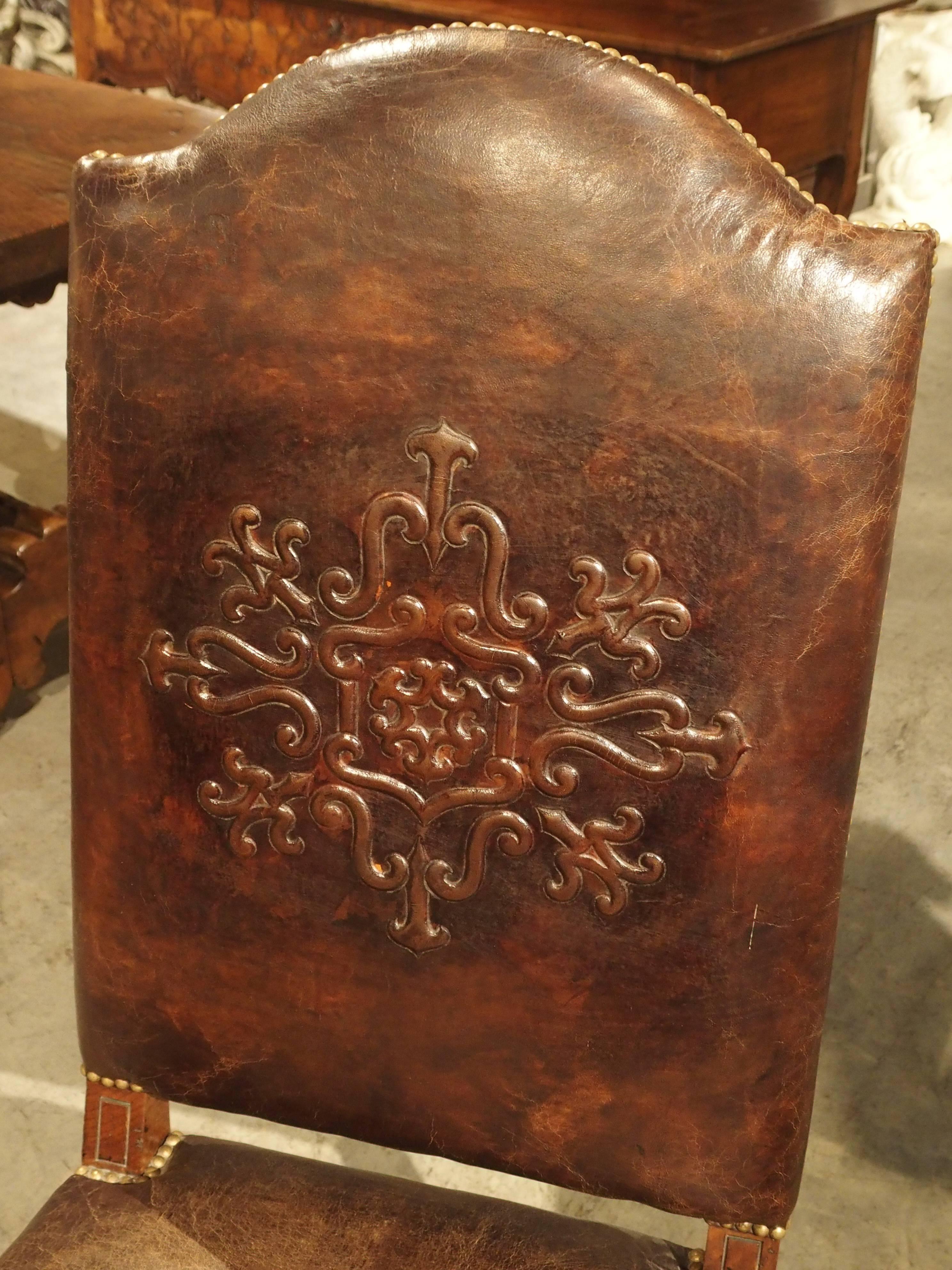 Embossed Leather Walnut Wood Side Chair from France In Excellent Condition In Dallas, TX