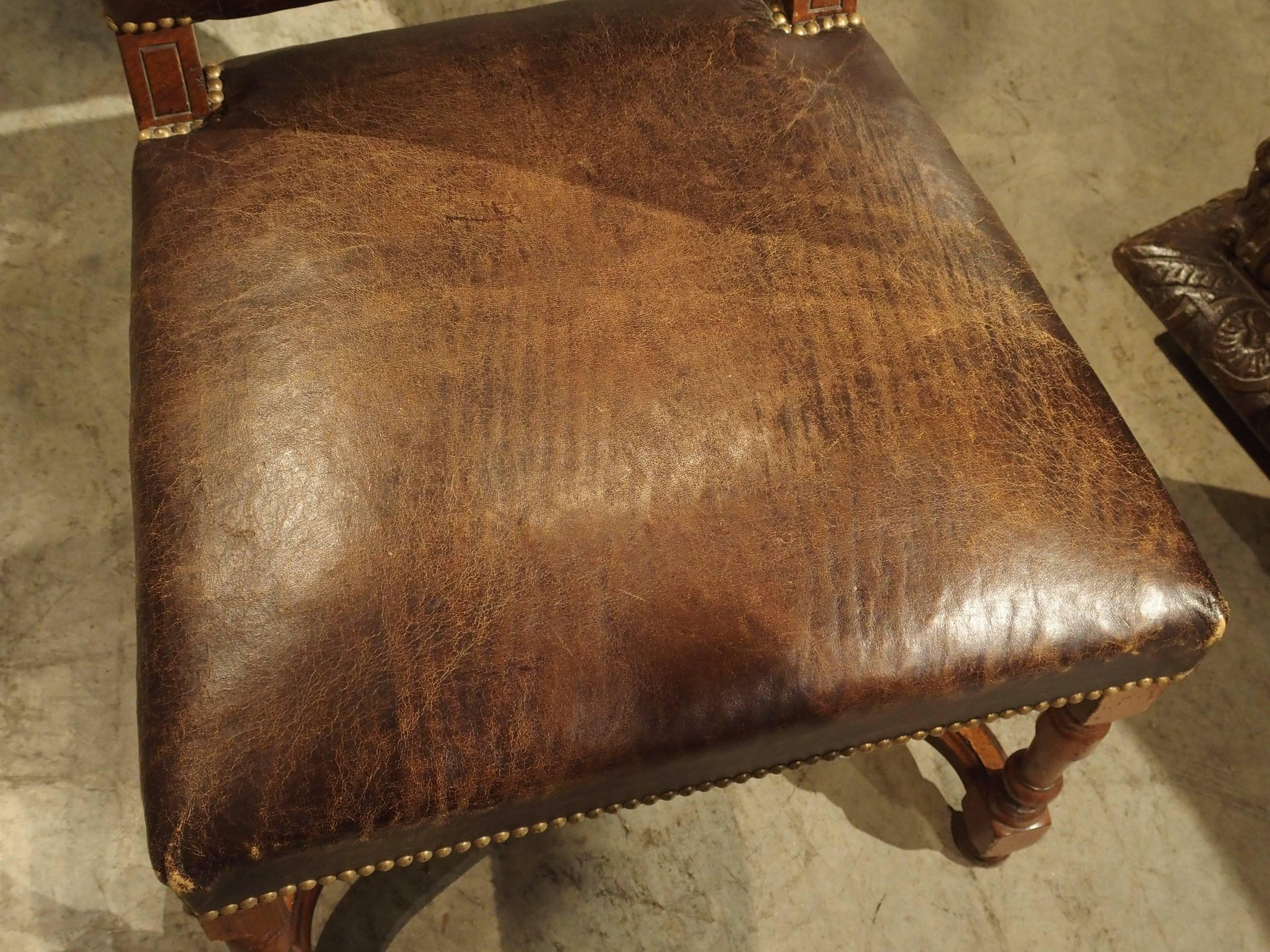 Contemporary Embossed Leather Walnut Wood Side Chair from France