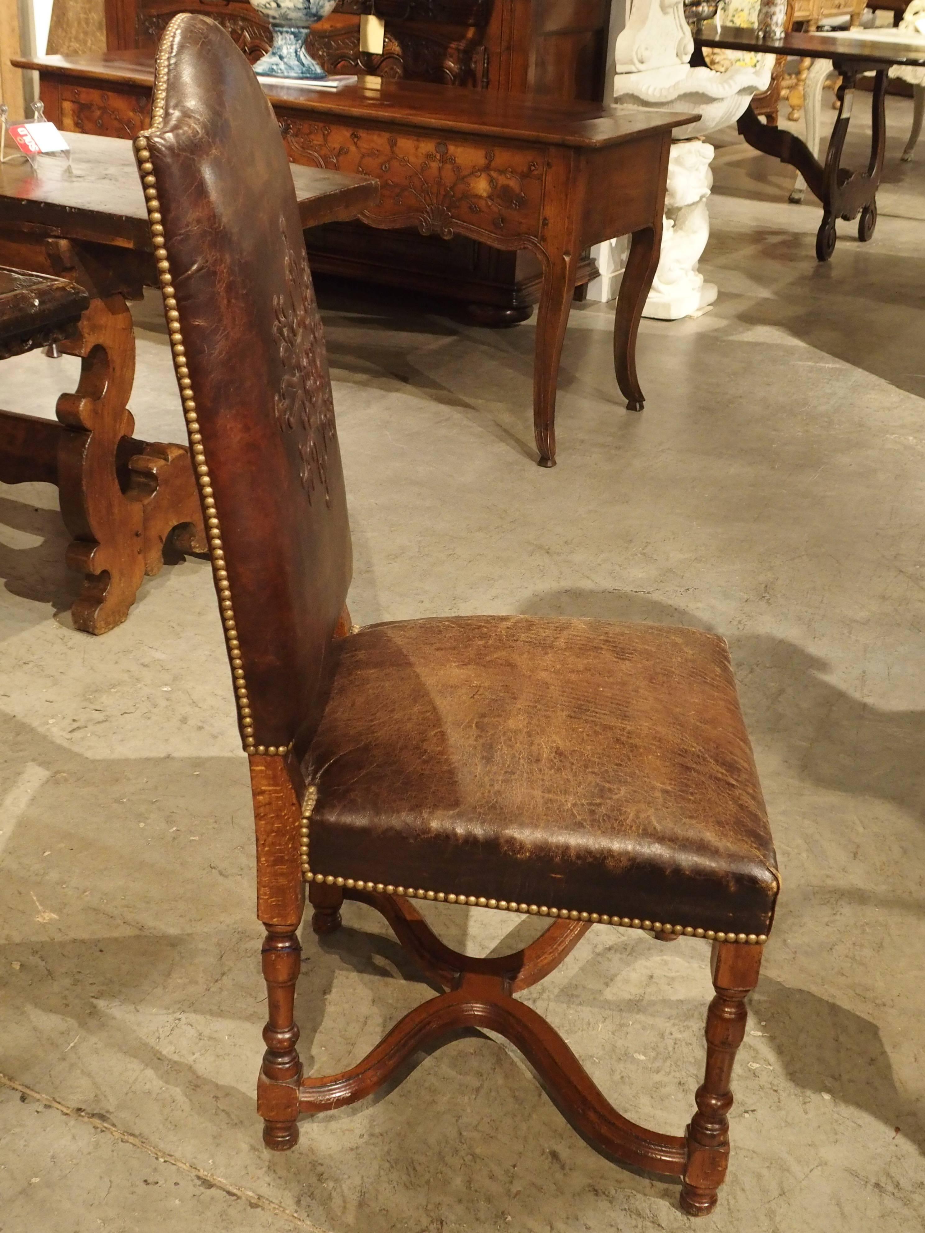 Embossed Leather Walnut Wood Side Chair from France 1