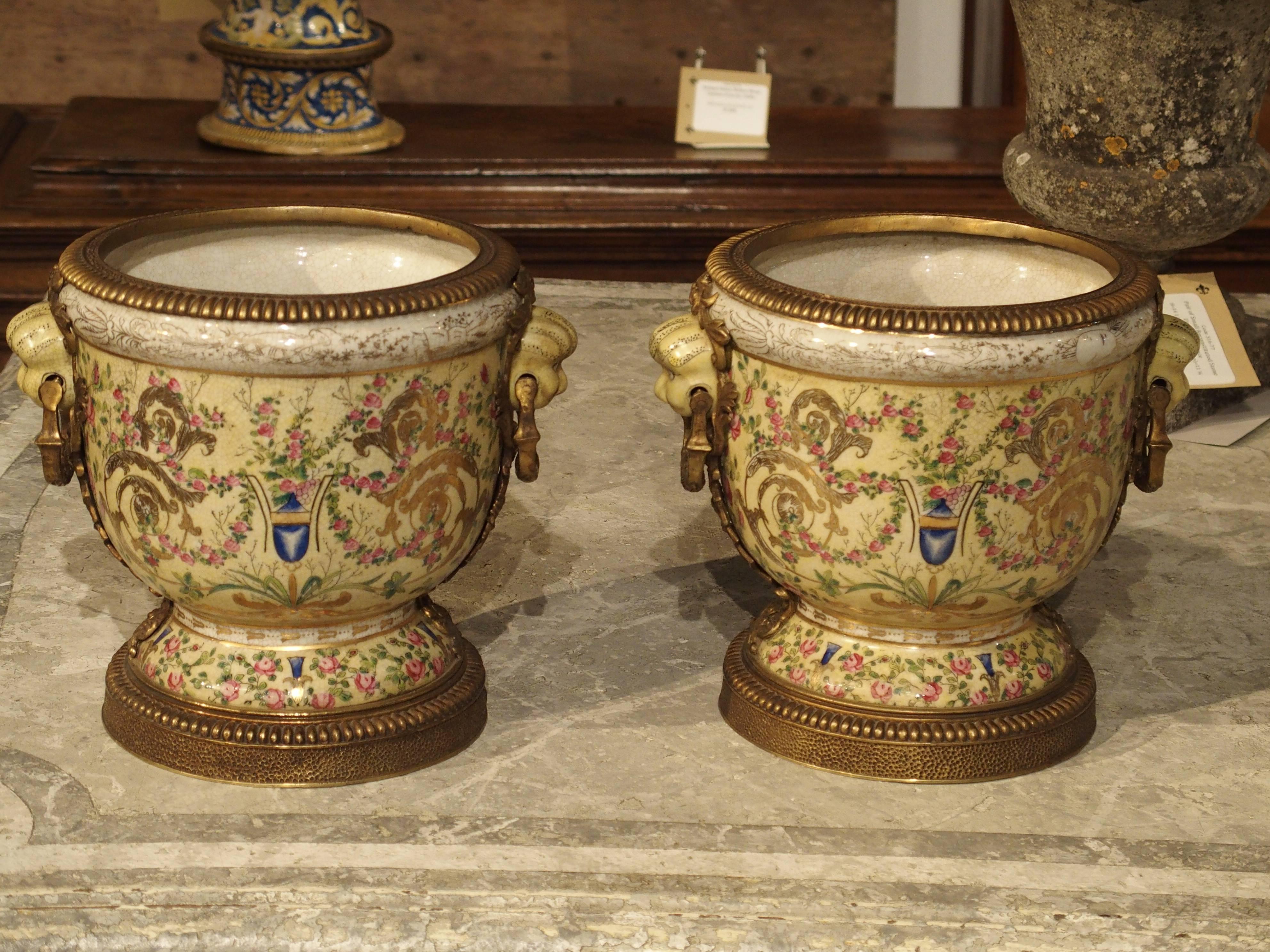 Pair of Painted Porcelain Urns with Gilt Mounts, 20th Century 3