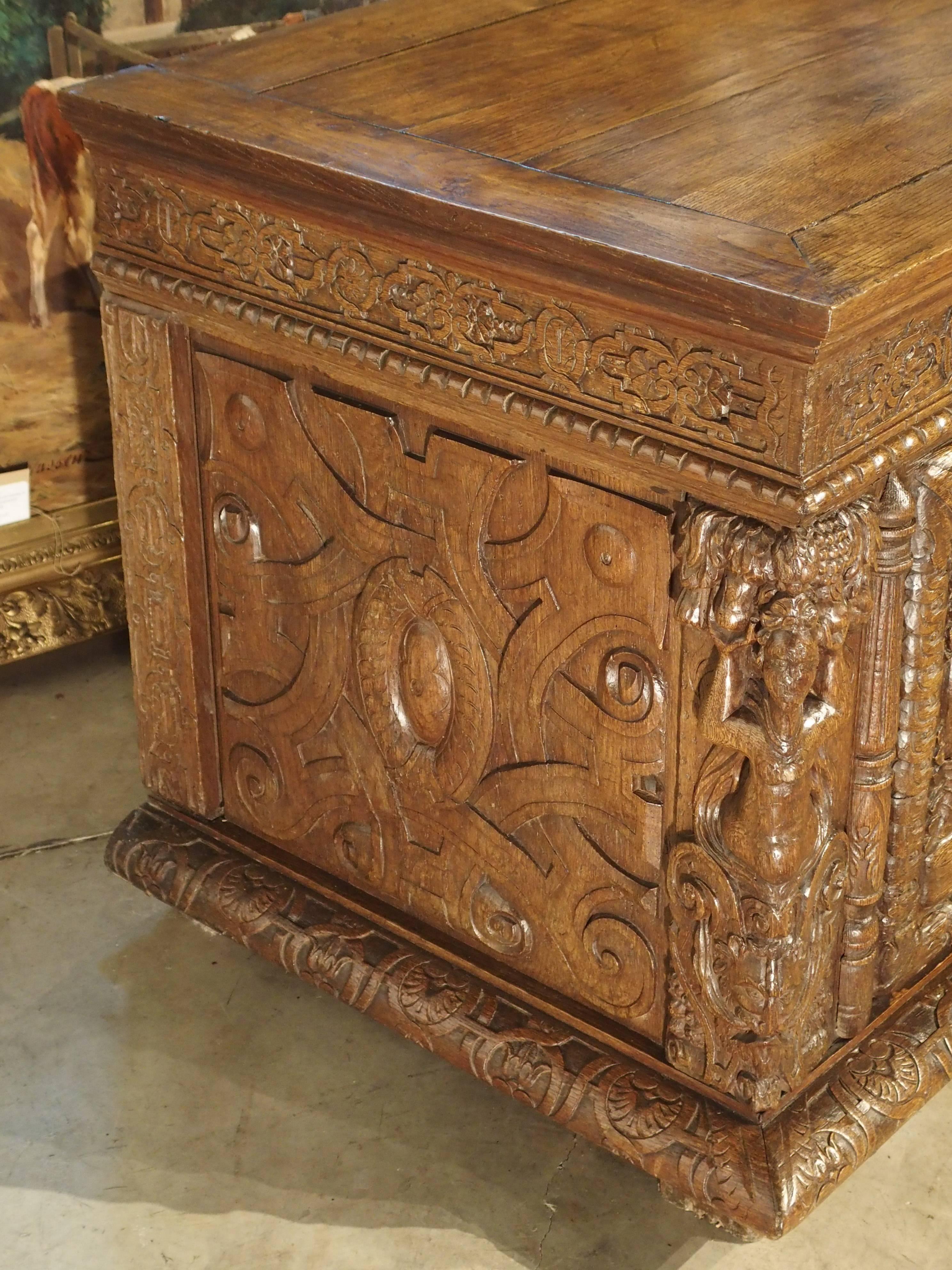Large Antique Oak Renaissance Trunk from Normandy France In Good Condition In Dallas, TX