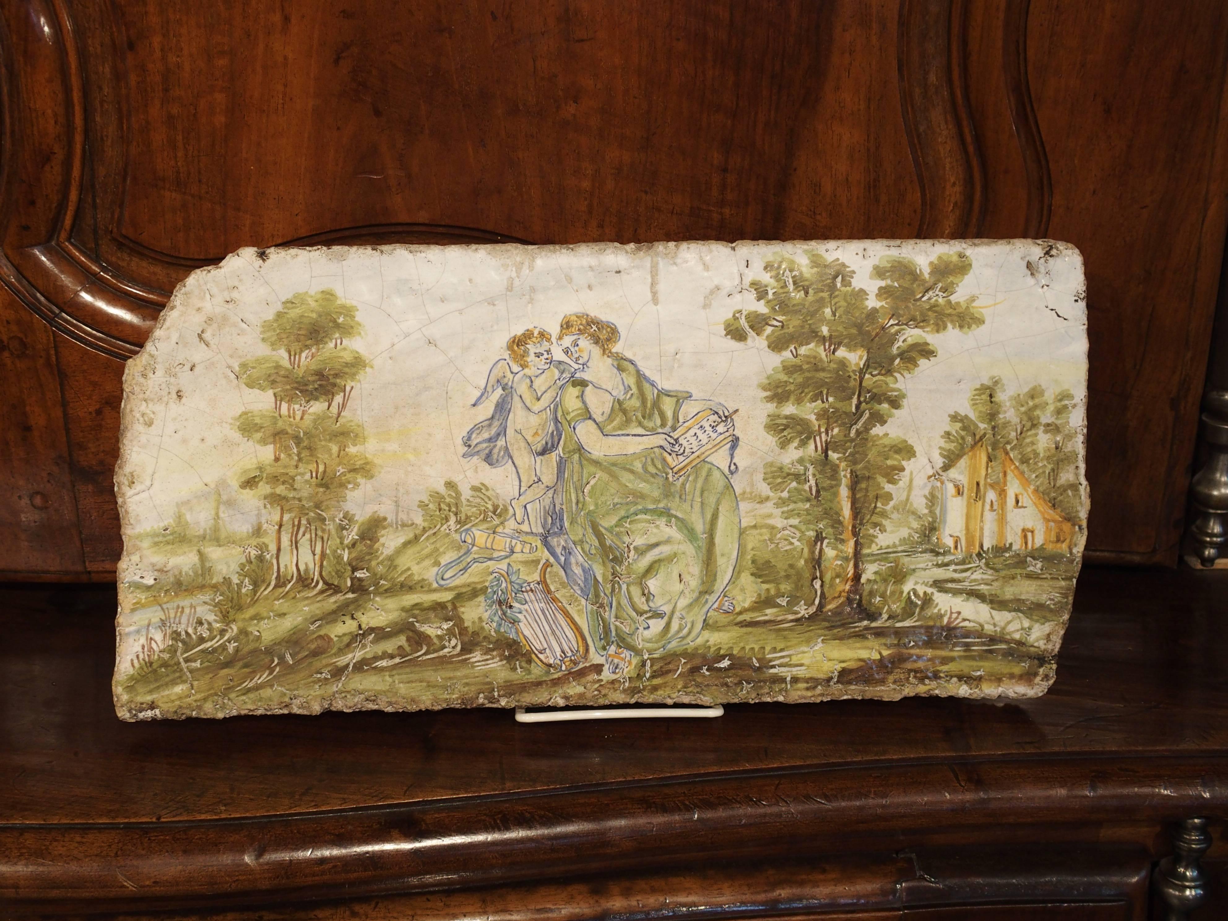 Antique Painted Tile from Italy, 17th Century In Good Condition In Dallas, TX