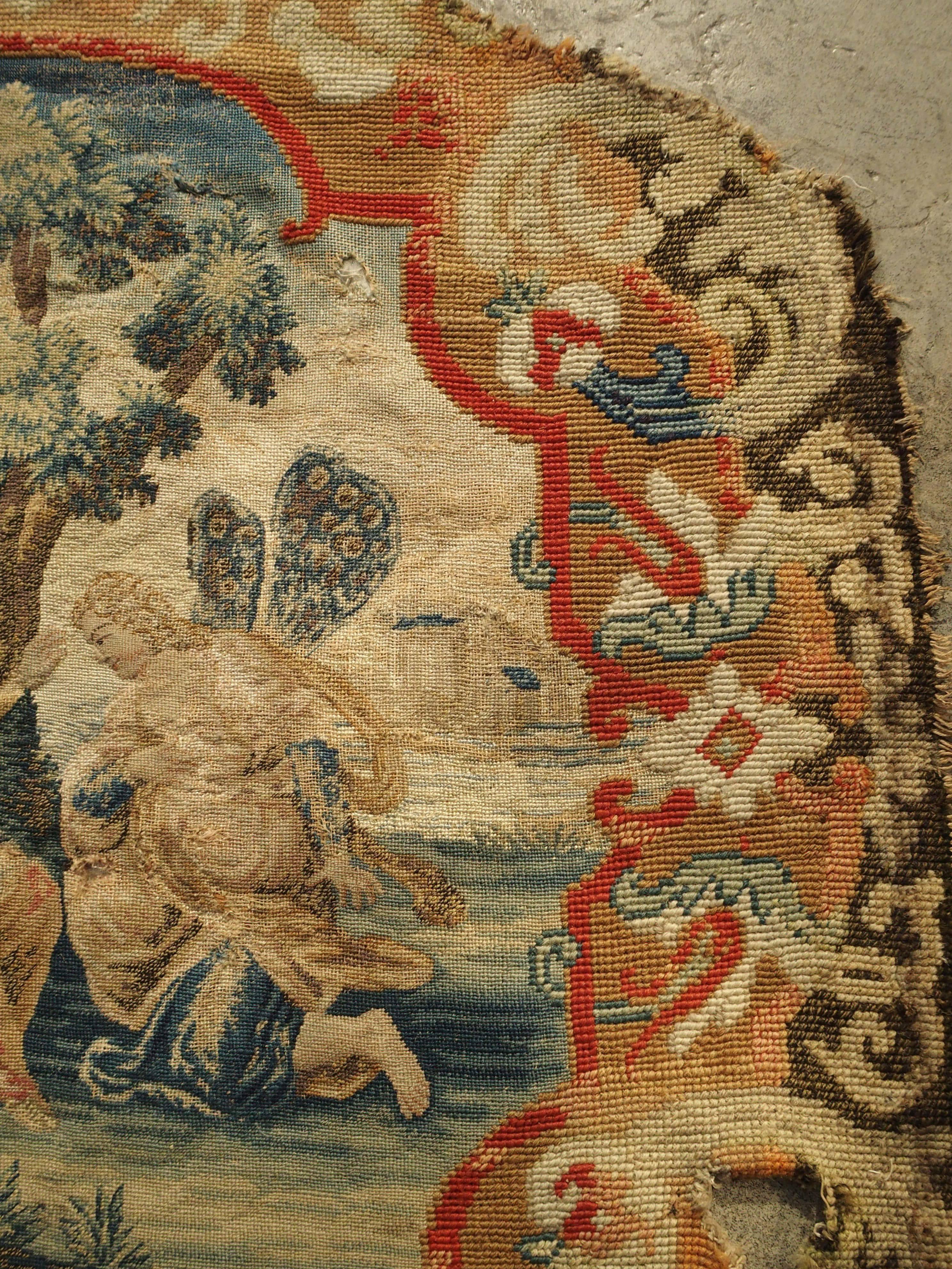 Hand-Woven Rare 17th Century French Scenic Silk Tapestry with Needlepoint Border Chair Back