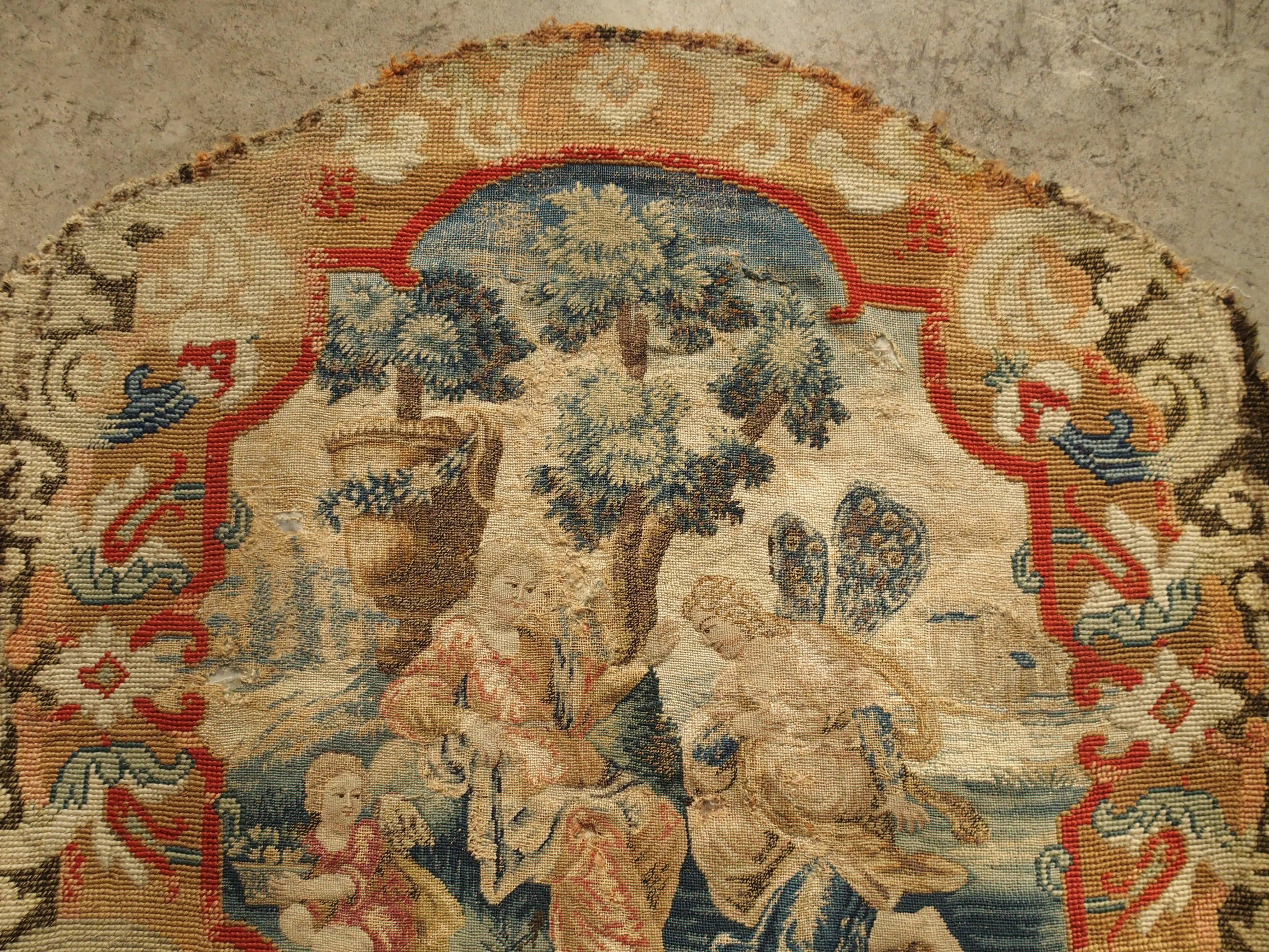 Rare 17th Century French Scenic Silk Tapestry with Needlepoint Border Chair Back In Good Condition In Dallas, TX
