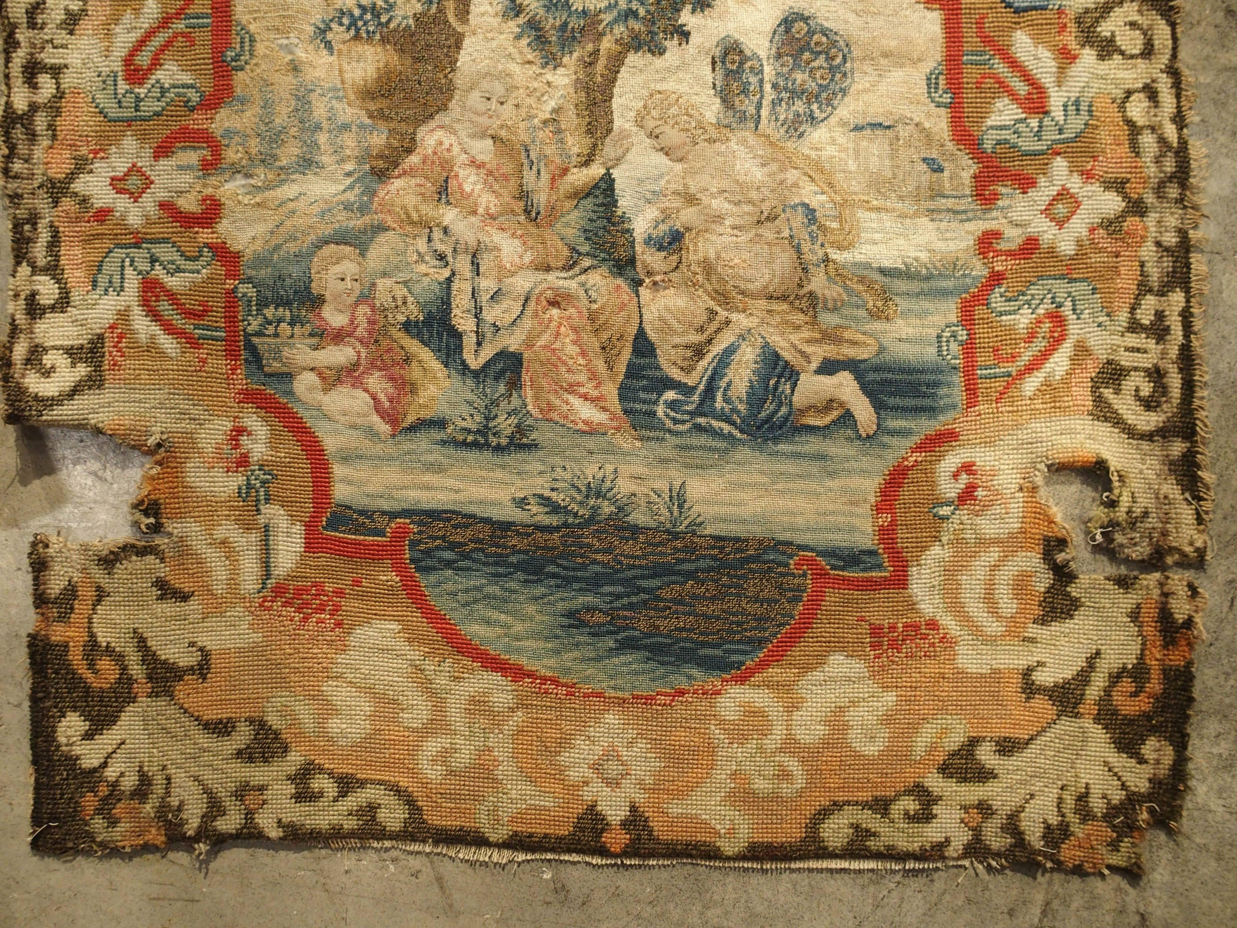 18th Century and Earlier Rare 17th Century French Scenic Silk Tapestry with Needlepoint Border Chair Back