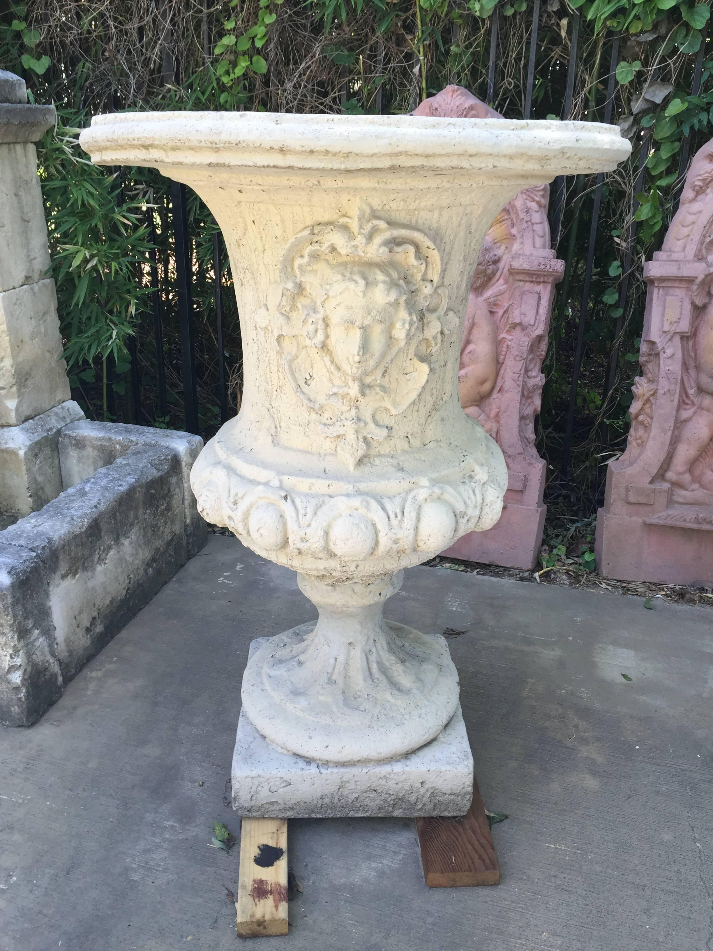 French Pair of Large Louis XIV Style Urns in Cream Sandstone Finish