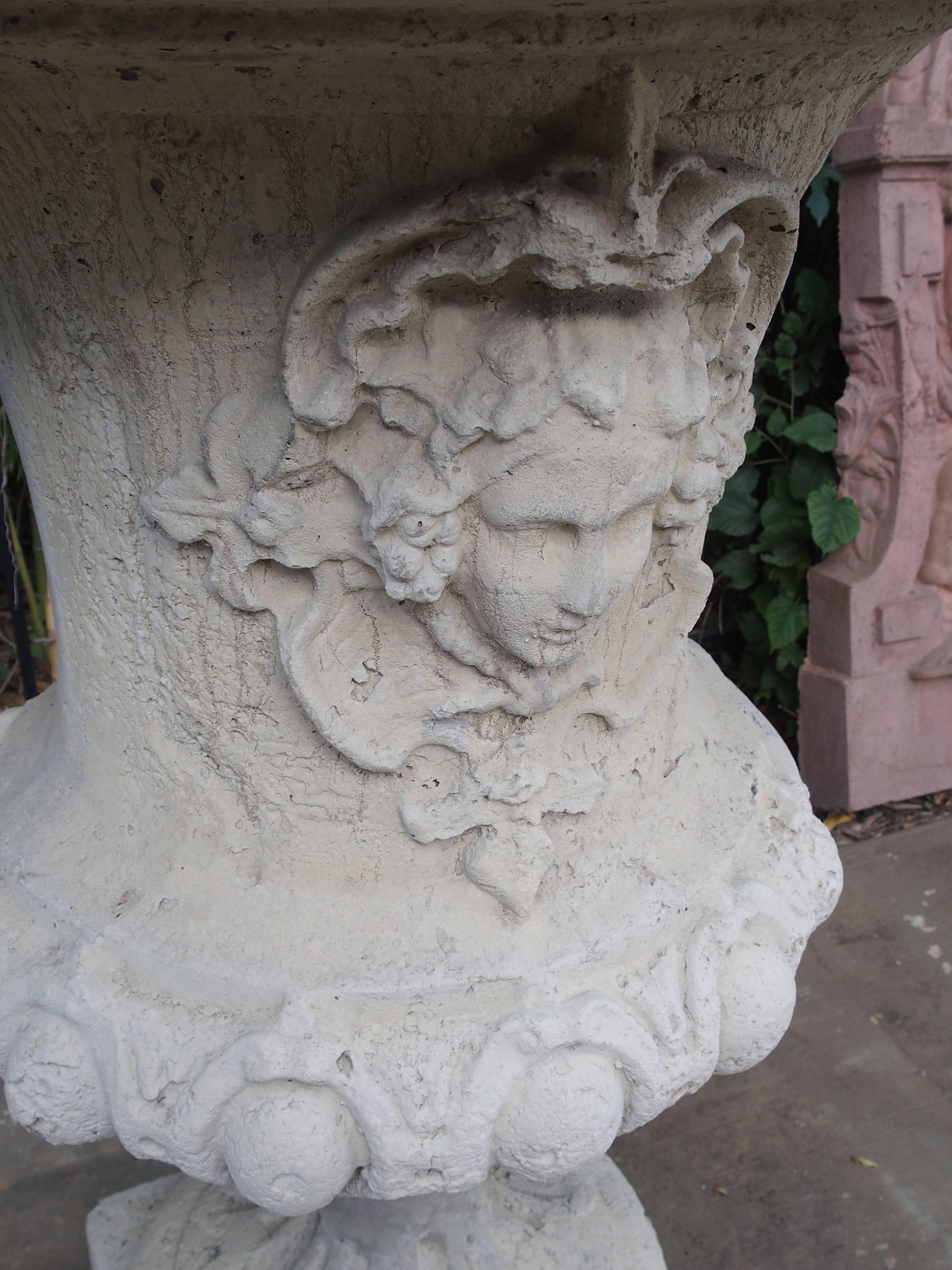 Cast Stone Pair of Large Louis XIV Style Urns in Cream Sandstone Finish