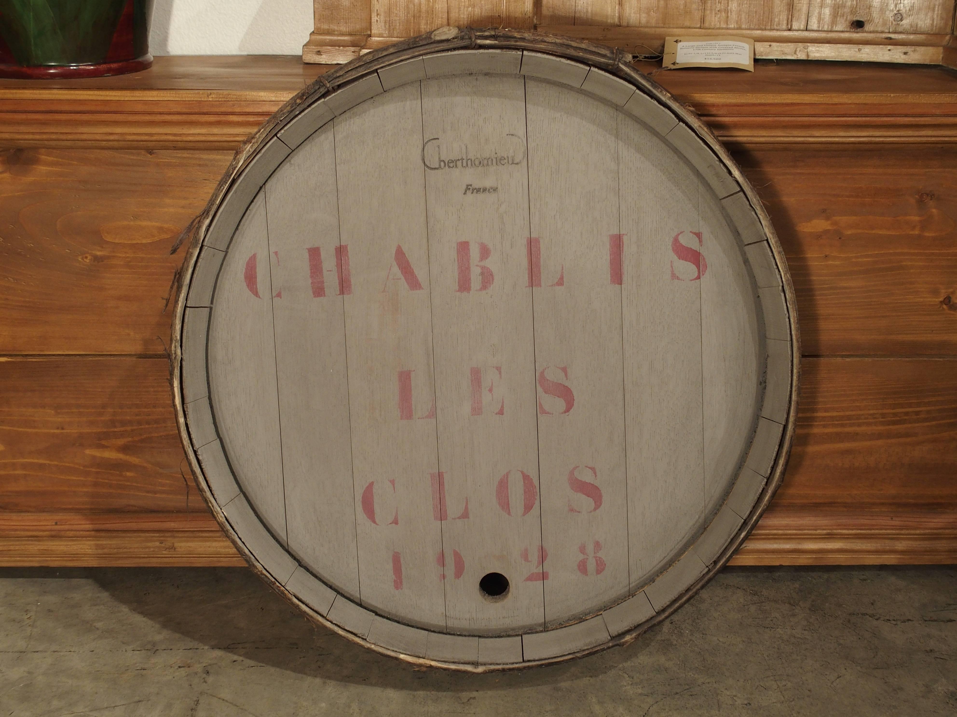 Antique French Wine Barrel Frontage-'chablis Les Clos, ' 1928 In Good Condition In Dallas, TX