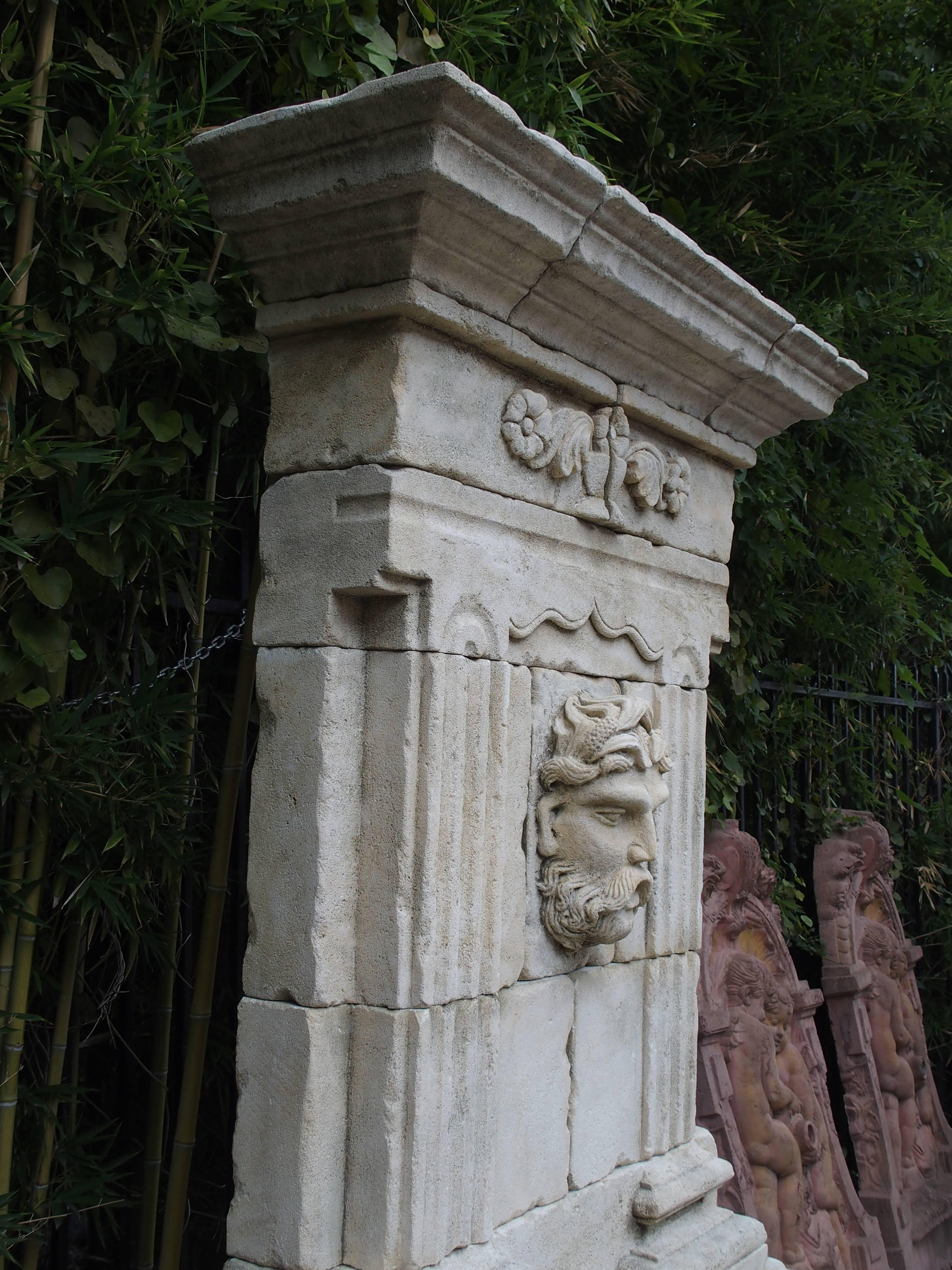 This towering wall fountain is part of our our imported limestone collection from France. Each of these fountains is hand-carved, never cast. They are based on the traditional 17th, 18th and 19th century French garden ornaments. Since each is hand