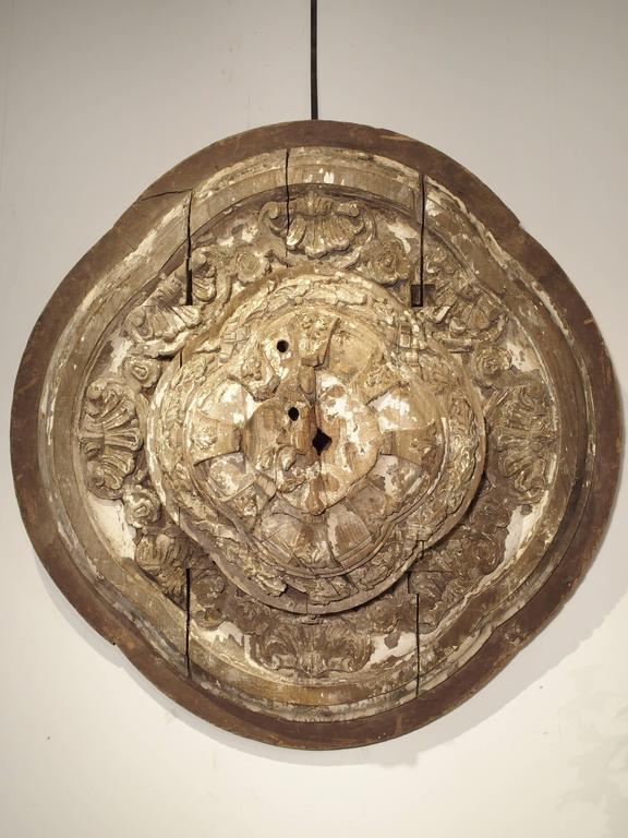 Large 18th Century Parcel Paint Wooden Ceiling Medallion