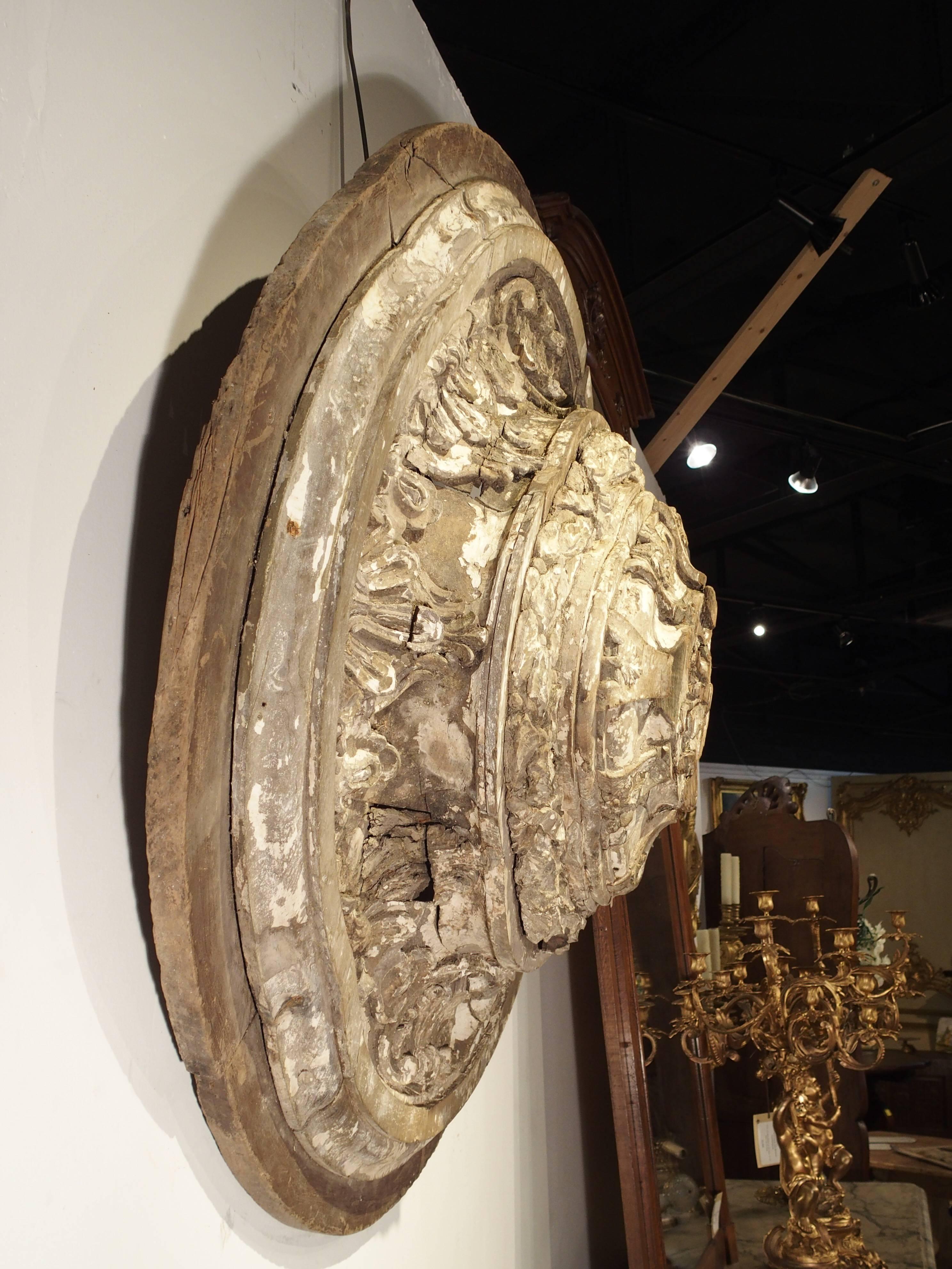 18th Century and Earlier Large 18th Century Parcel Paint Wooden Ceiling Medallion from Spain