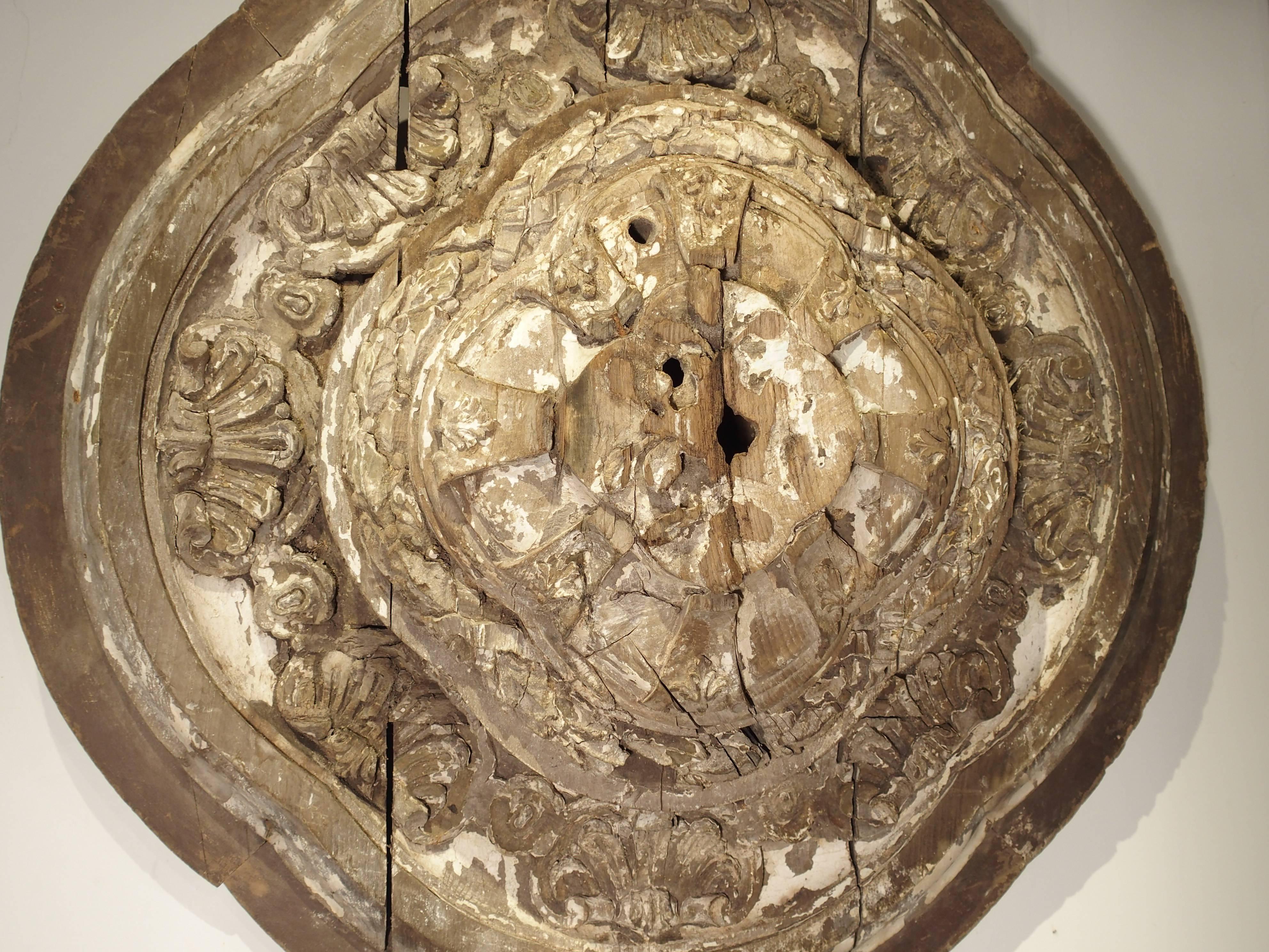 Large 18th Century Parcel Paint Wooden Ceiling Medallion from Spain 3