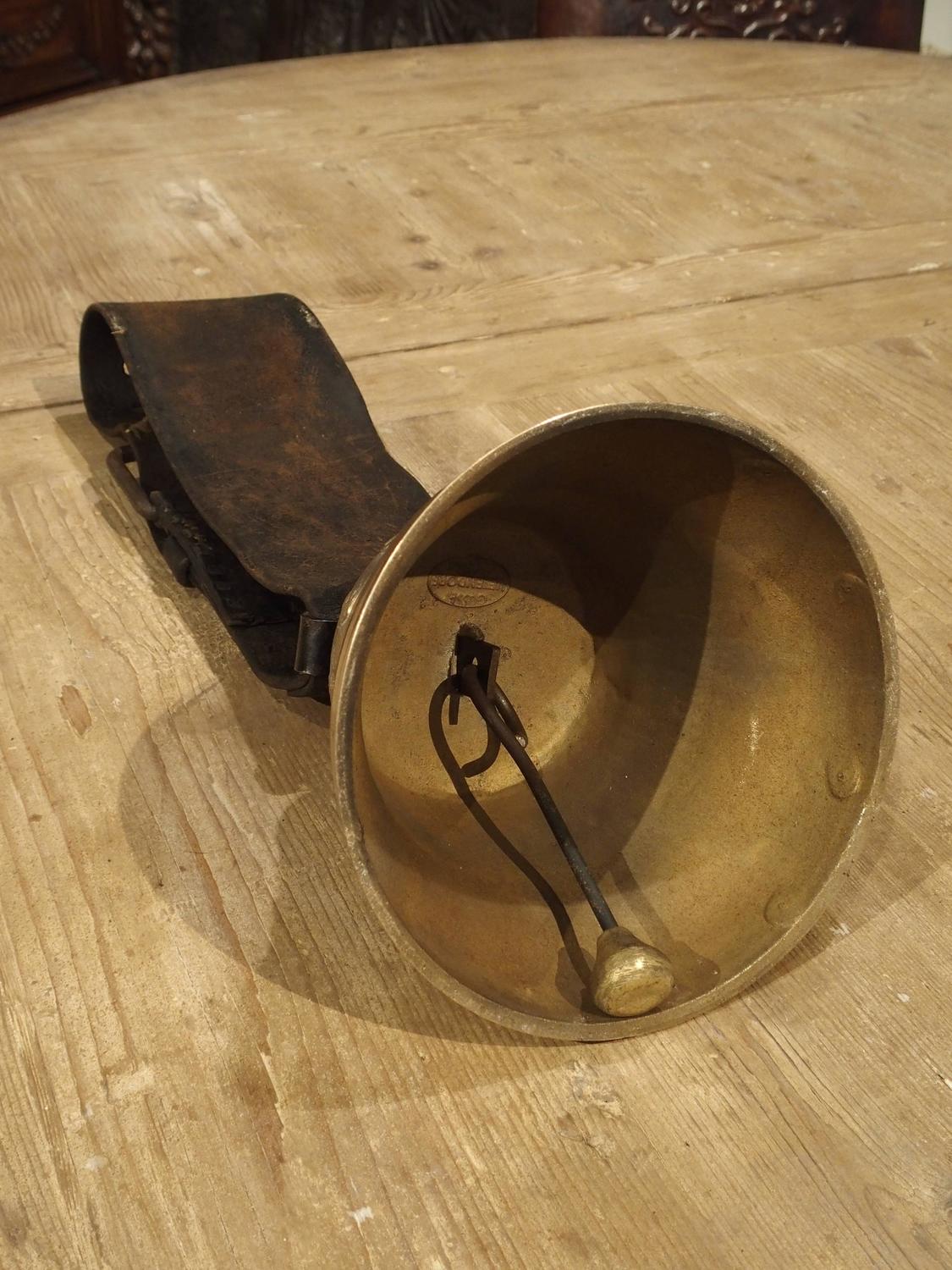 Early to Mid1900s Swiss Cow Bell with Original Leather Collar For Sale