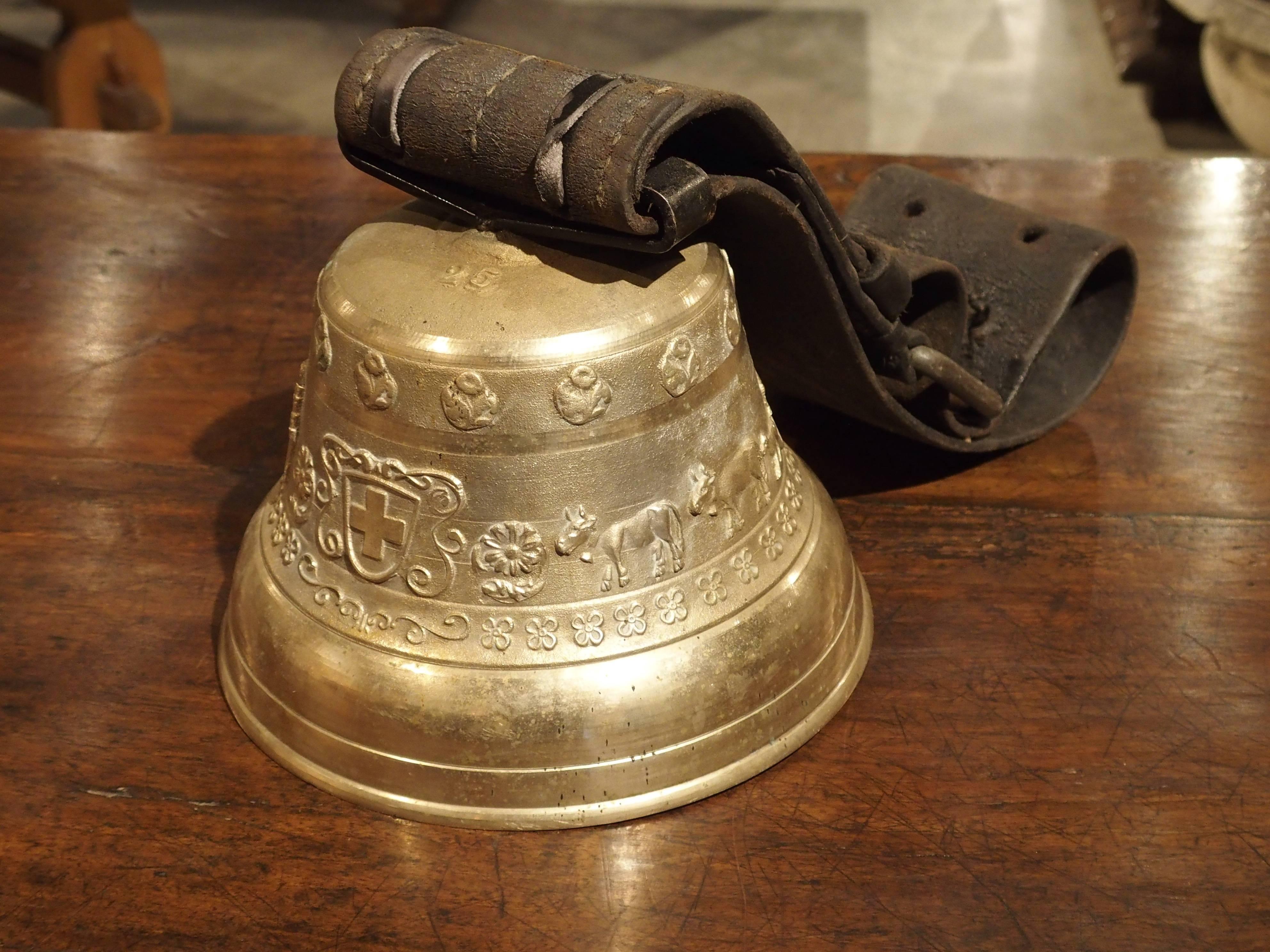 Early to Mid-1900s Swiss Cow Bell with Original Leather Collar In Excellent Condition In Dallas, TX