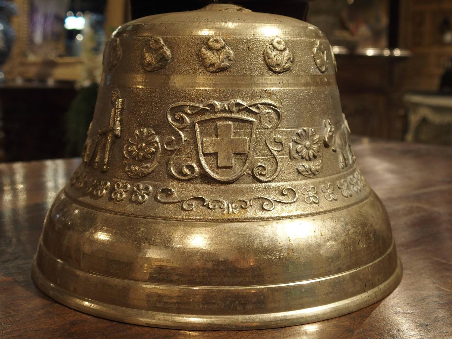 Early to Mid1900s Swiss Cow Bell with Original Leather Collar For Sale