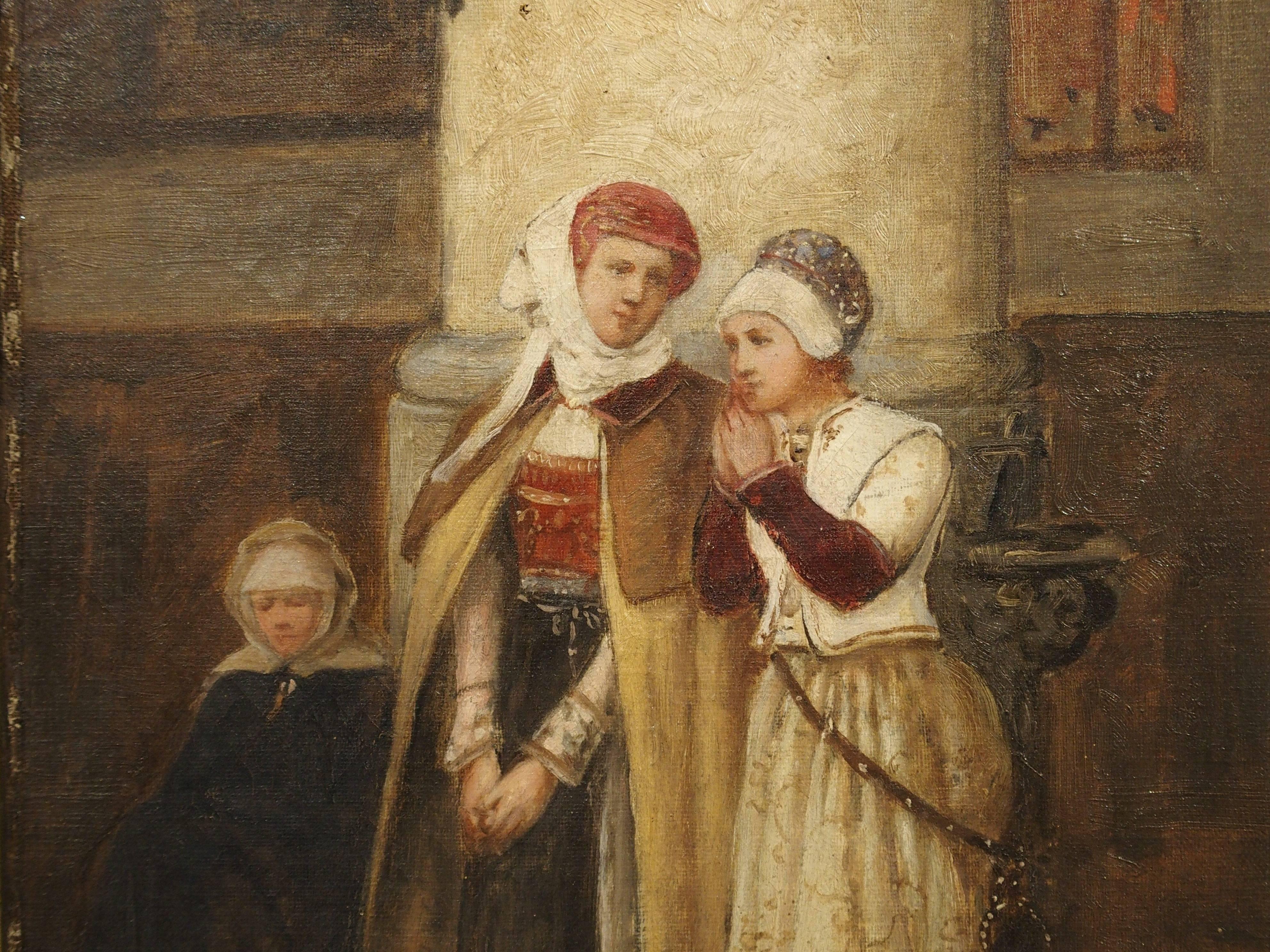 Oil on canvas.

This pensive antique French painting depicting three women in the interior of a church is by Du Mont. A Nun is seated in prayer while the other two standing women are in silence, with one in prayer. It has been framed in a matte