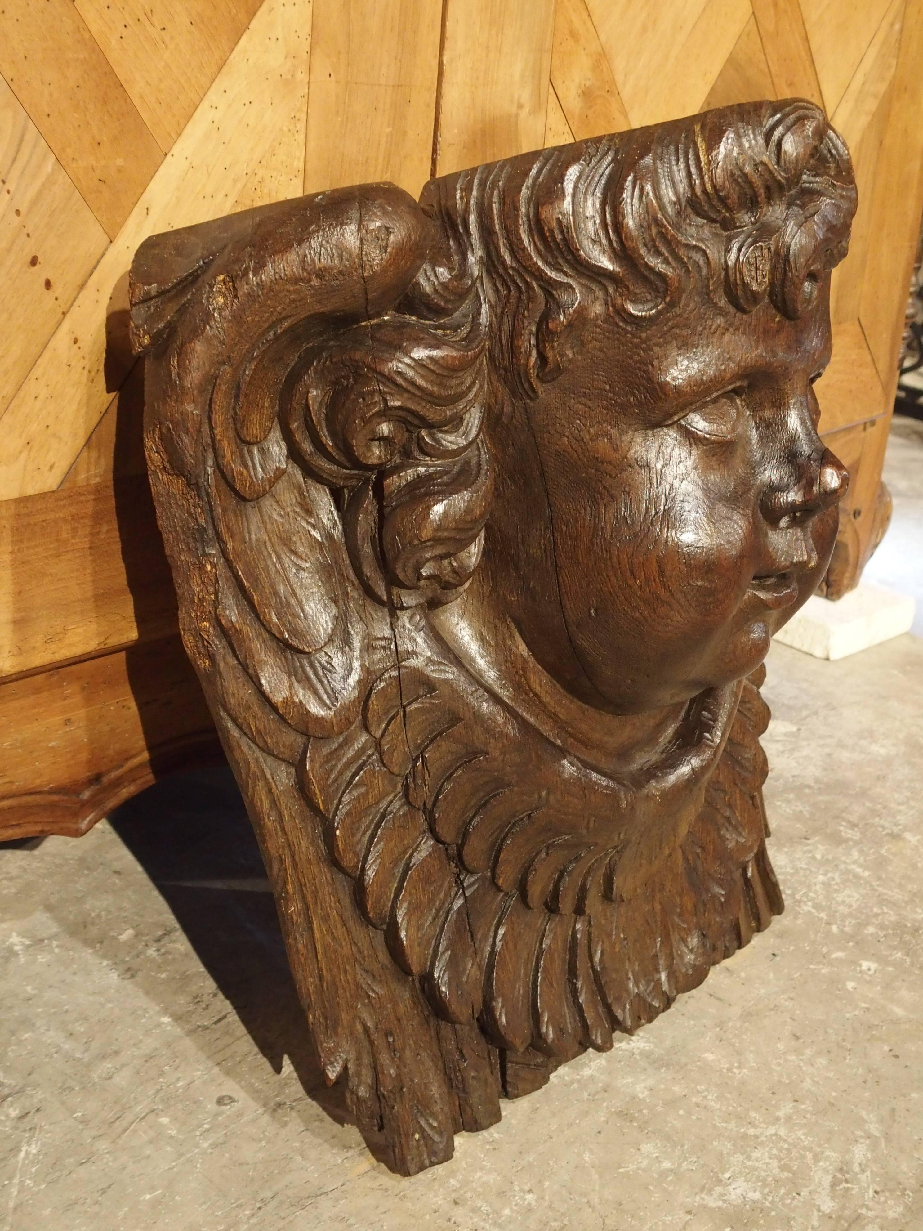 This large detailed hand carving of a stylized cherub’s face features feathered wings surrounding the side and base of the carving. It was cut and carved from a single piece of oak. Incised feathers on the cherub’s wings are still visible and
