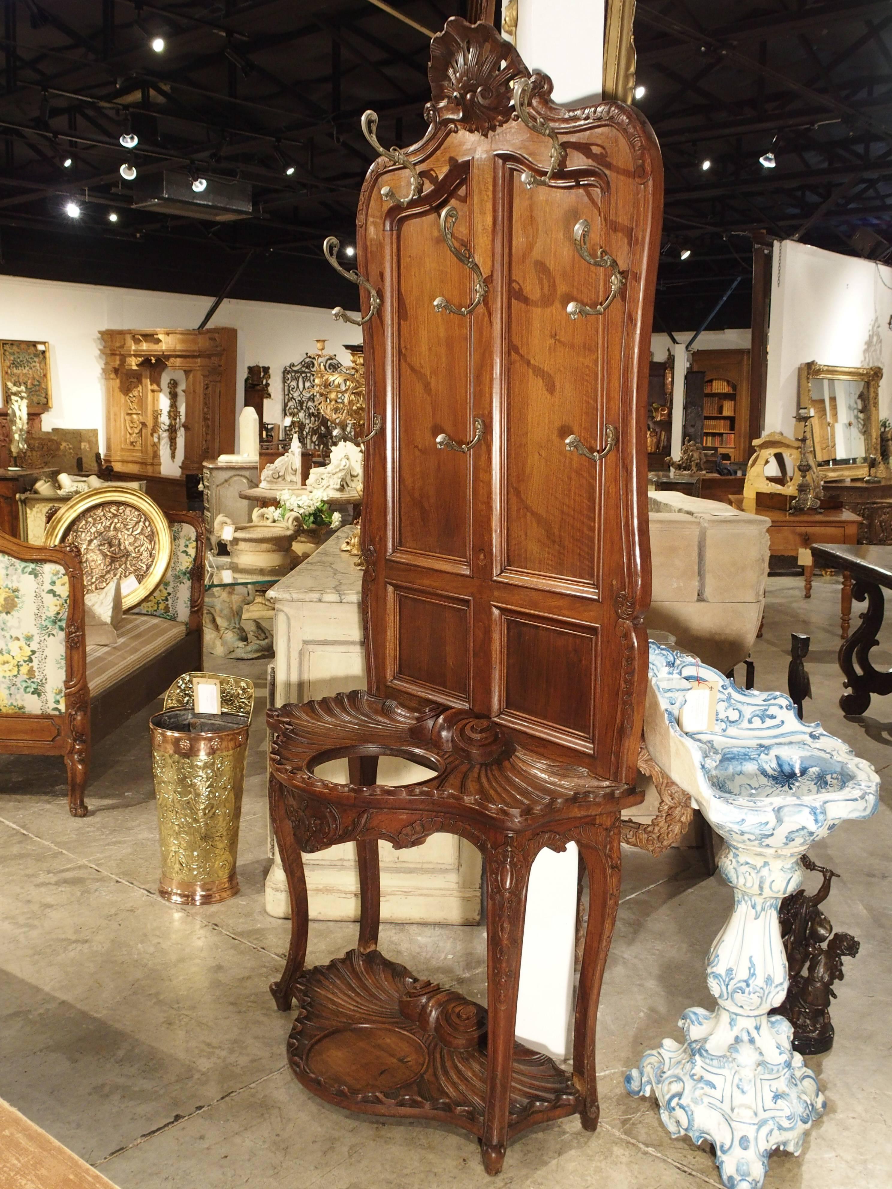 Carved Antique French Walnut Wood Hall Rack and Umbrella Stand, circa 1880