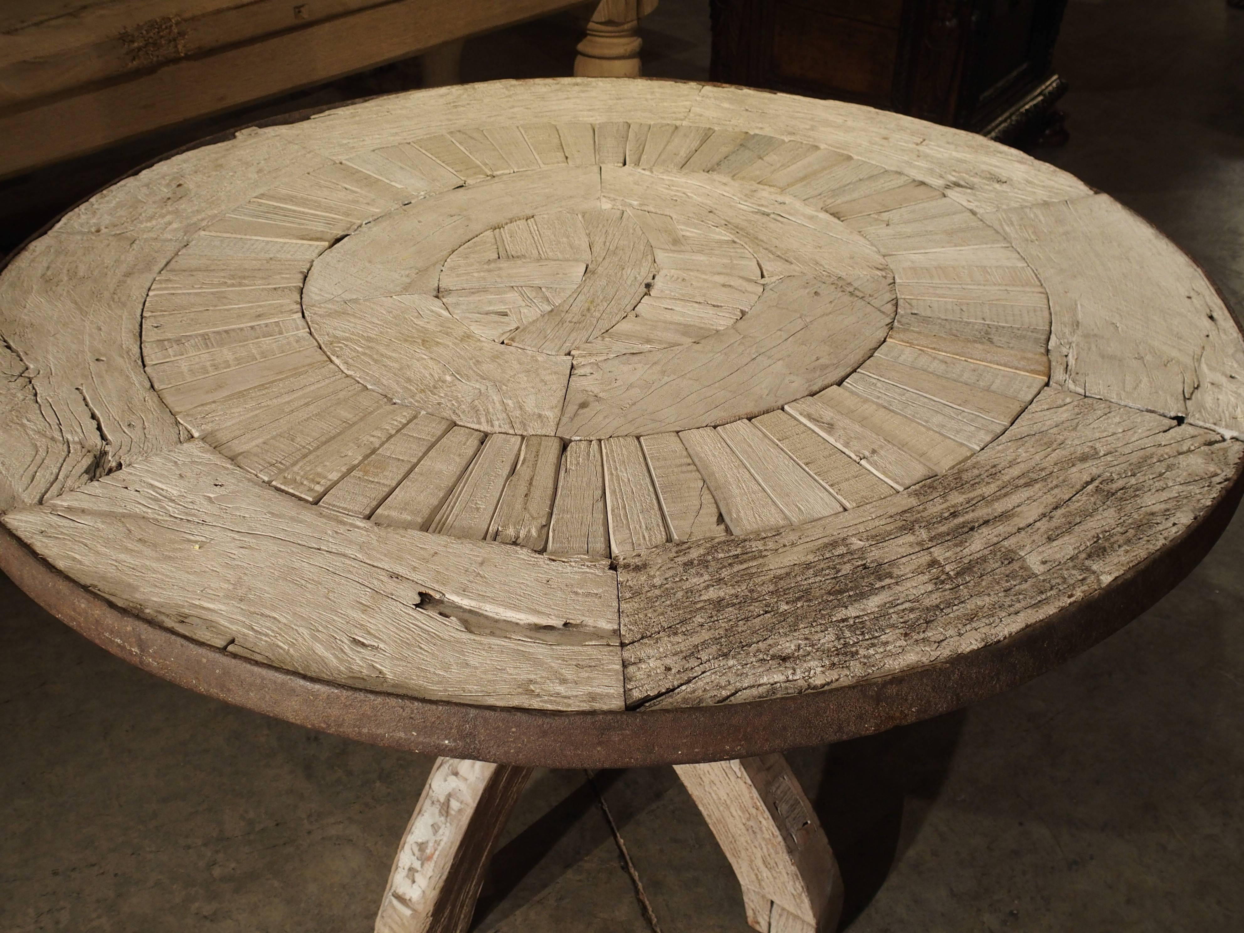 French Round Table from France Made of Salvaged Wood and Iron
