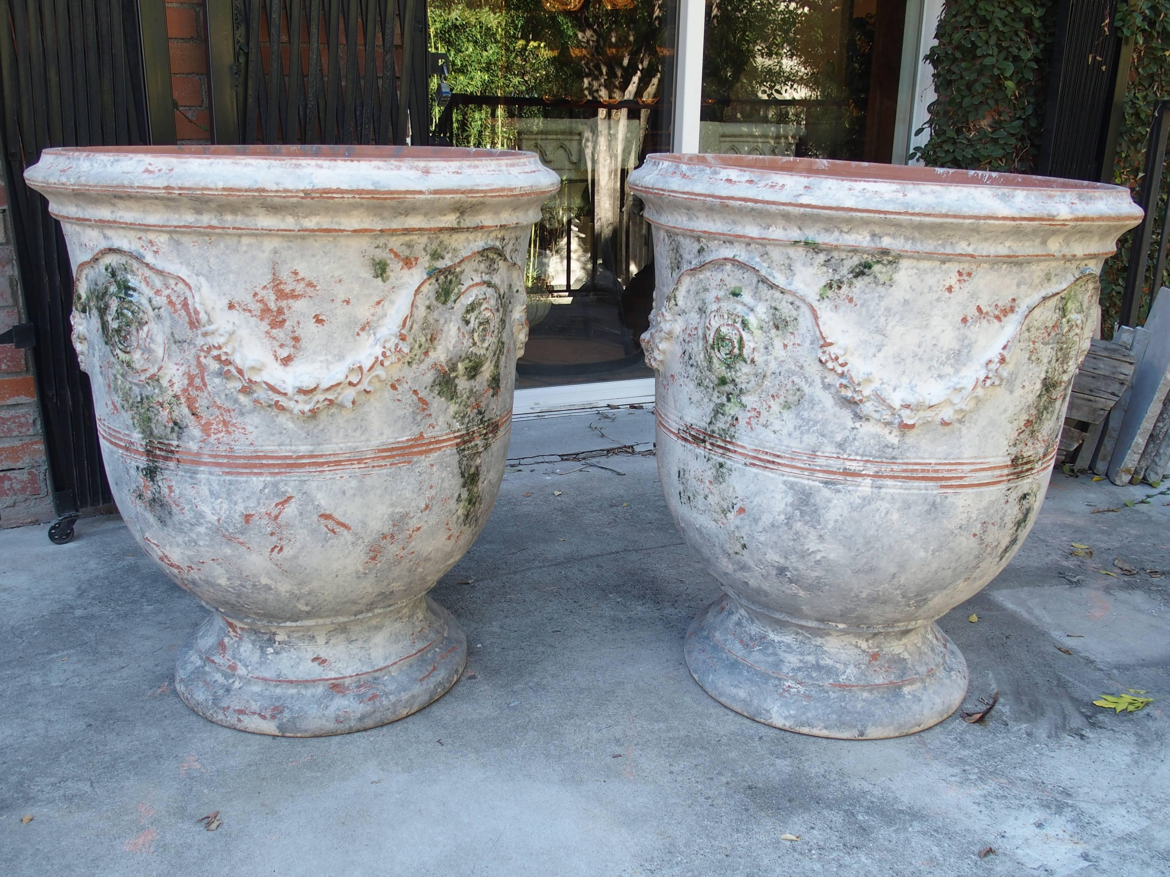 Pair of Large Painted and Distressed Anduze Pots, France In Excellent Condition In Dallas, TX
