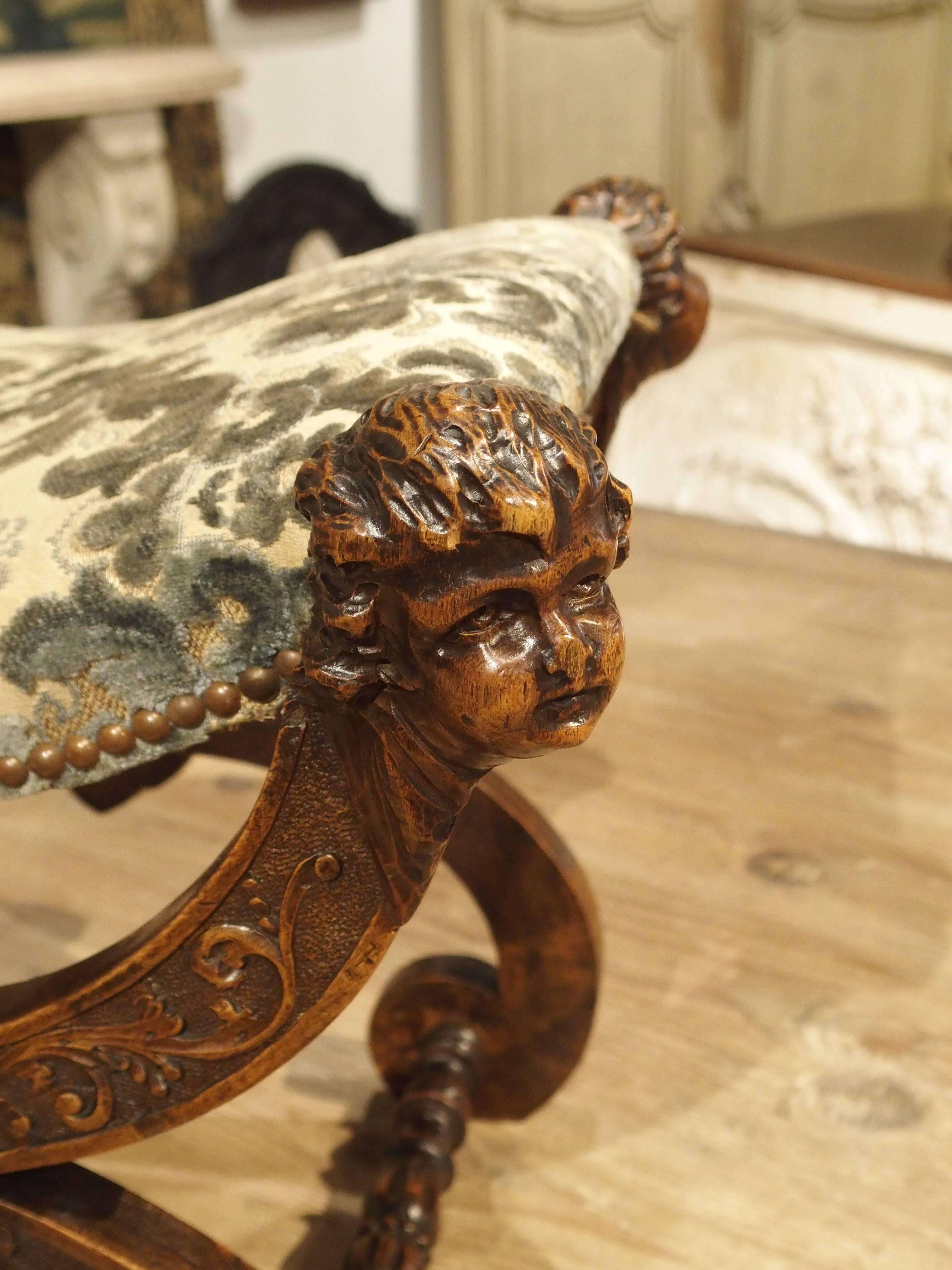 Italian Carved Antique Walnut Wood Stool from Italy, 1800s