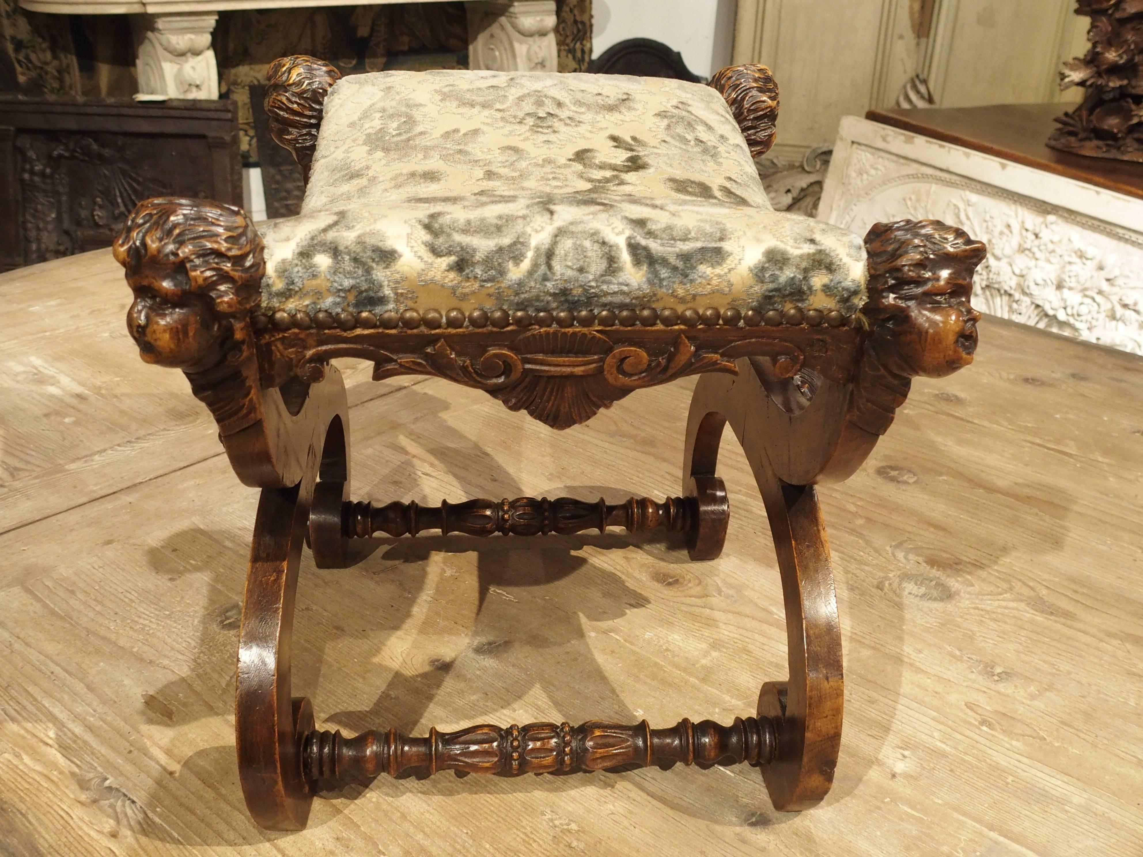 Carved Antique Walnut Wood Stool from Italy, 1800s In Good Condition In Dallas, TX