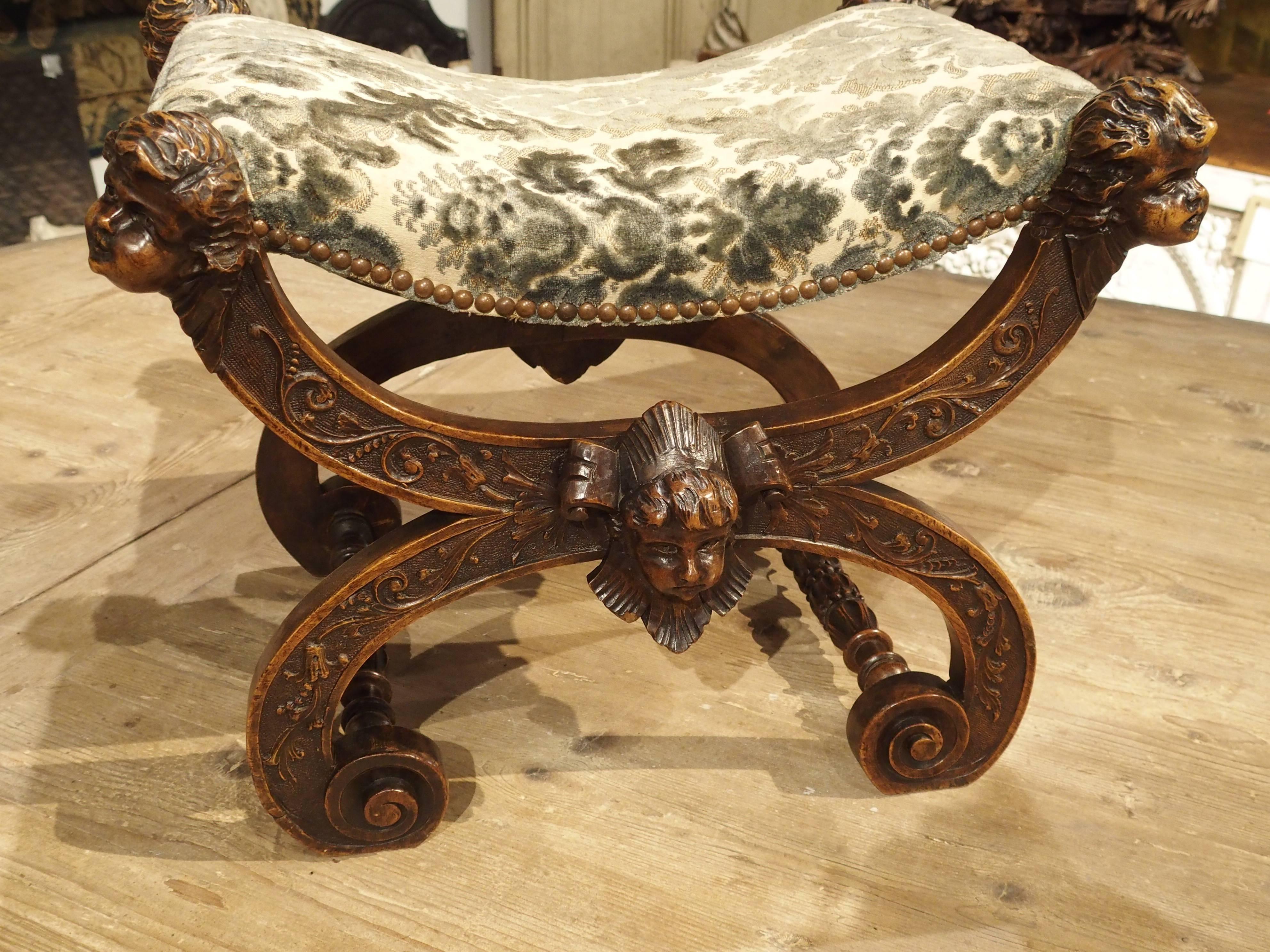 Carved Antique Walnut Wood Stool from Italy, 1800s 1