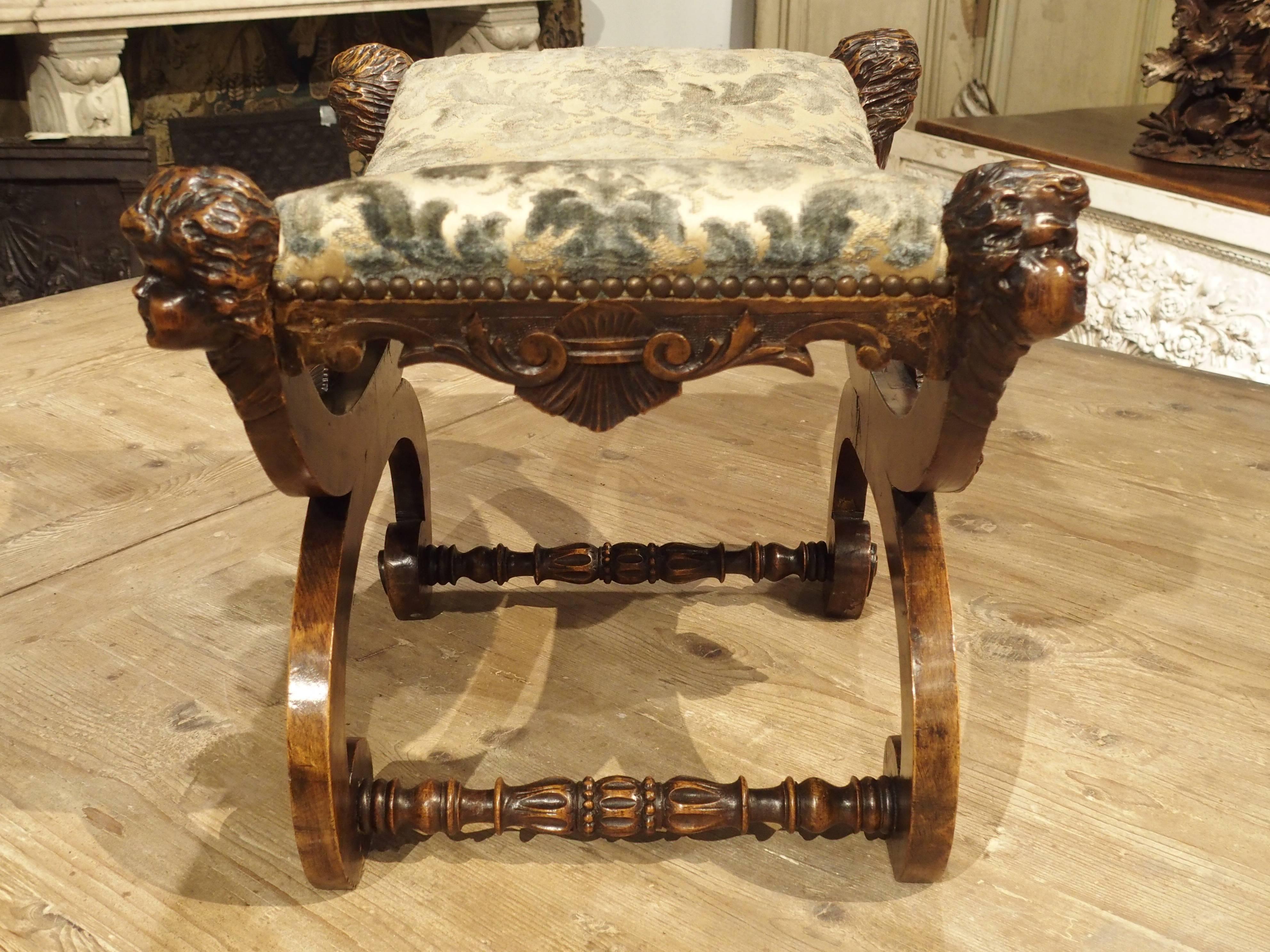 Carved Antique Walnut Wood Stool from Italy, 1800s 2