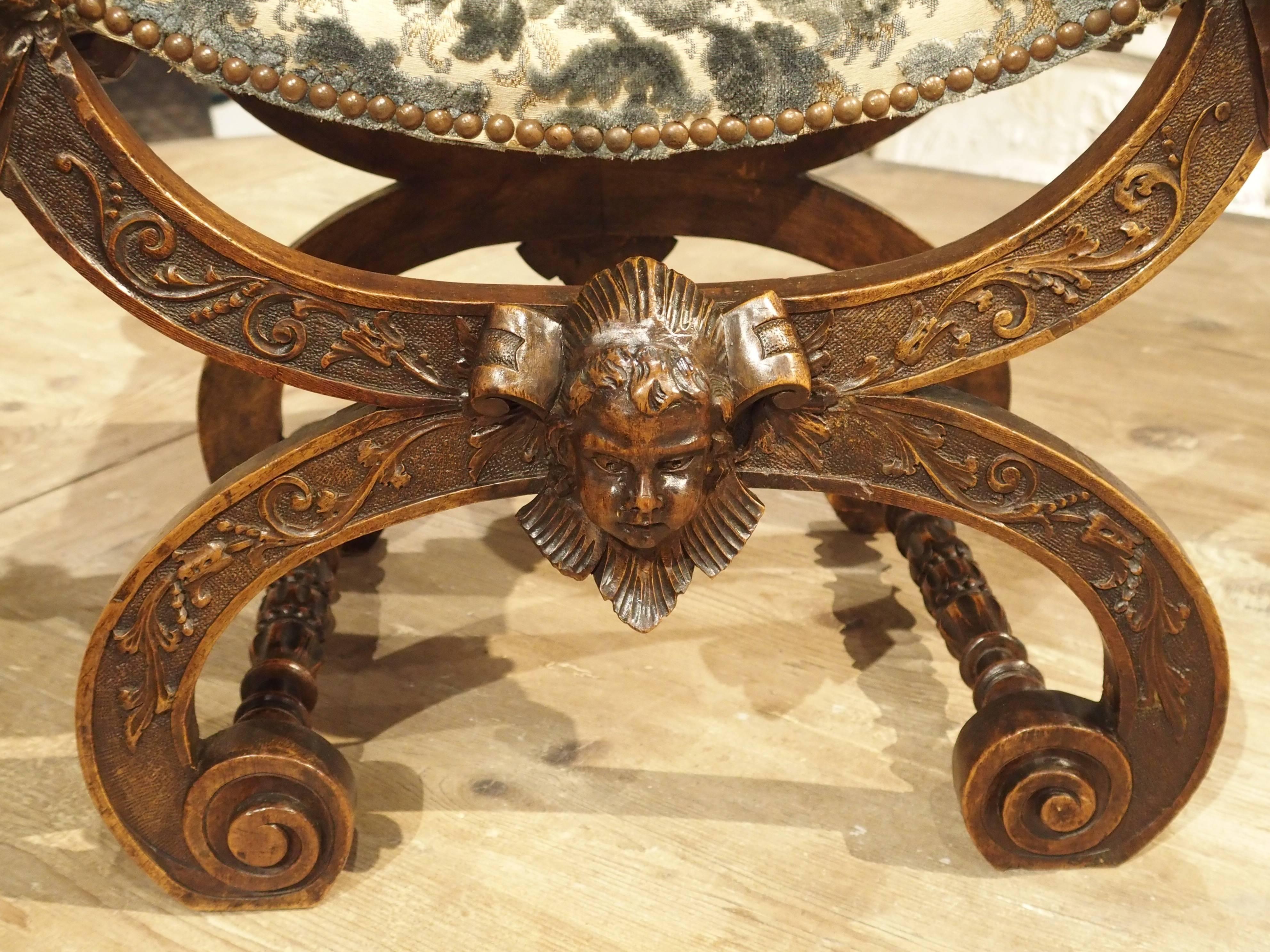 Carved Antique Walnut Wood Stool from Italy, 1800s 5