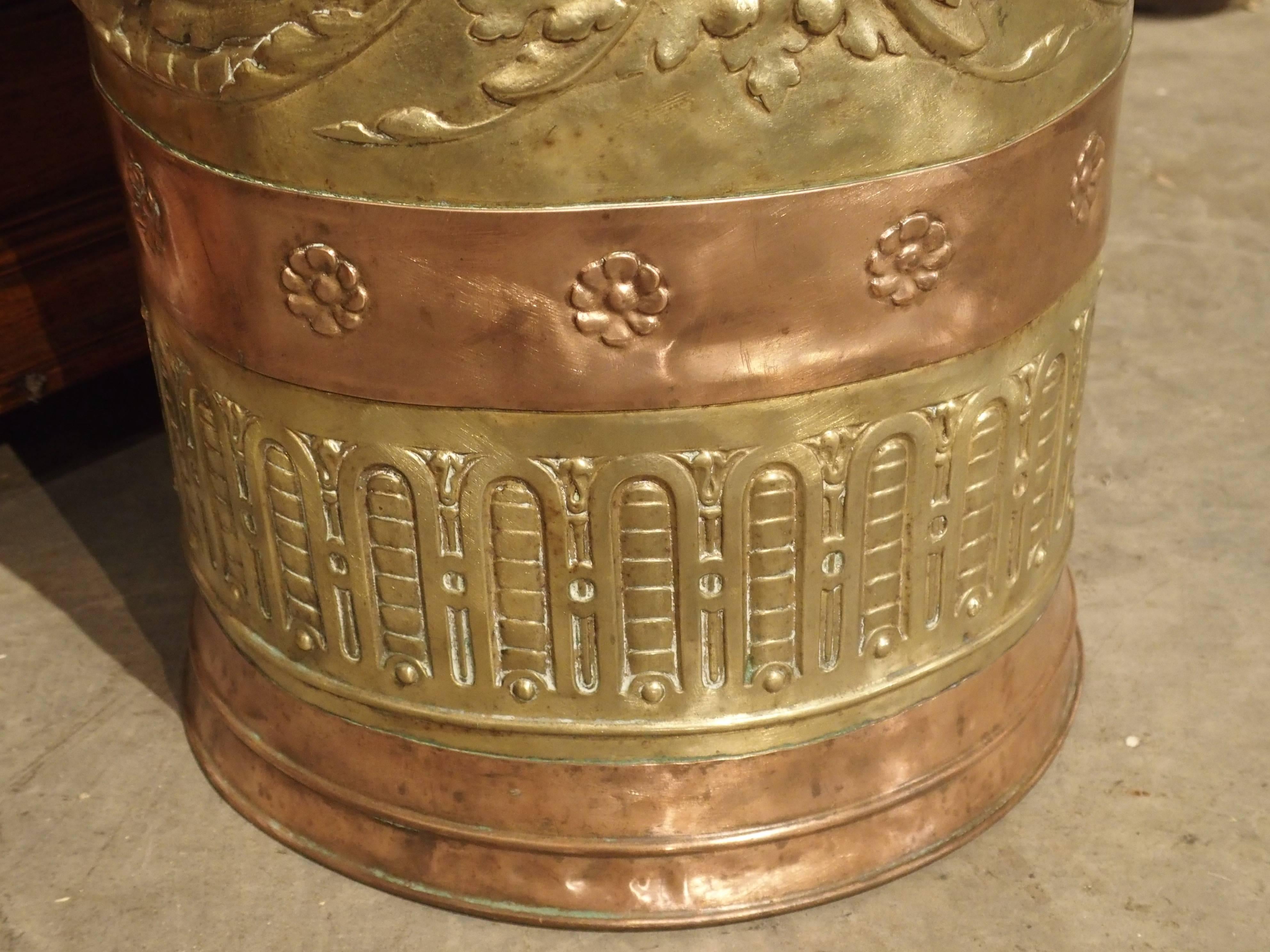 Repoussé Antique Copper and Brass Repousse Umbrella Holder from France, 1800s