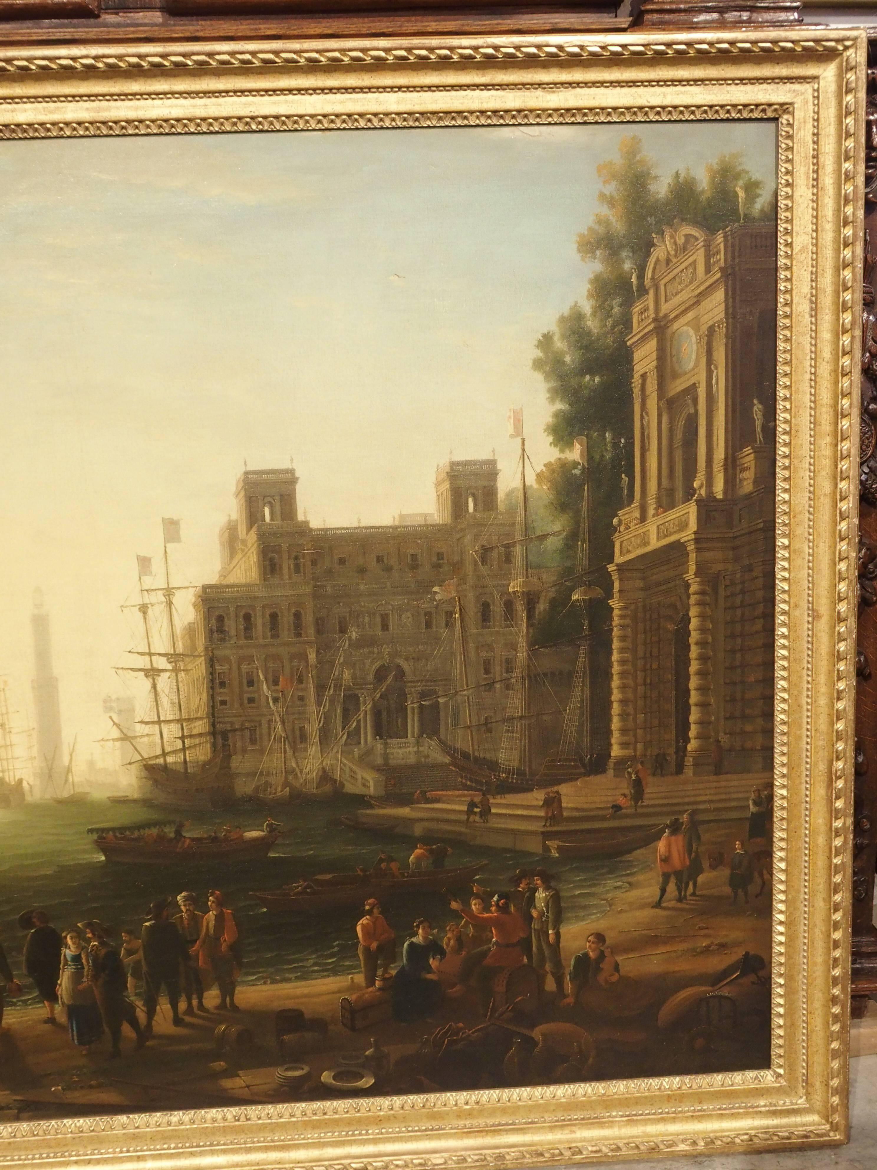 This exquisite antique oil painting on canvas depicts a harbour at sunset and the Villa Medici. It is after a painting by the famous French artist Claude Le Lorrain in 1637. This one is unsigned and was painted in the early 1800s. It depicts ships