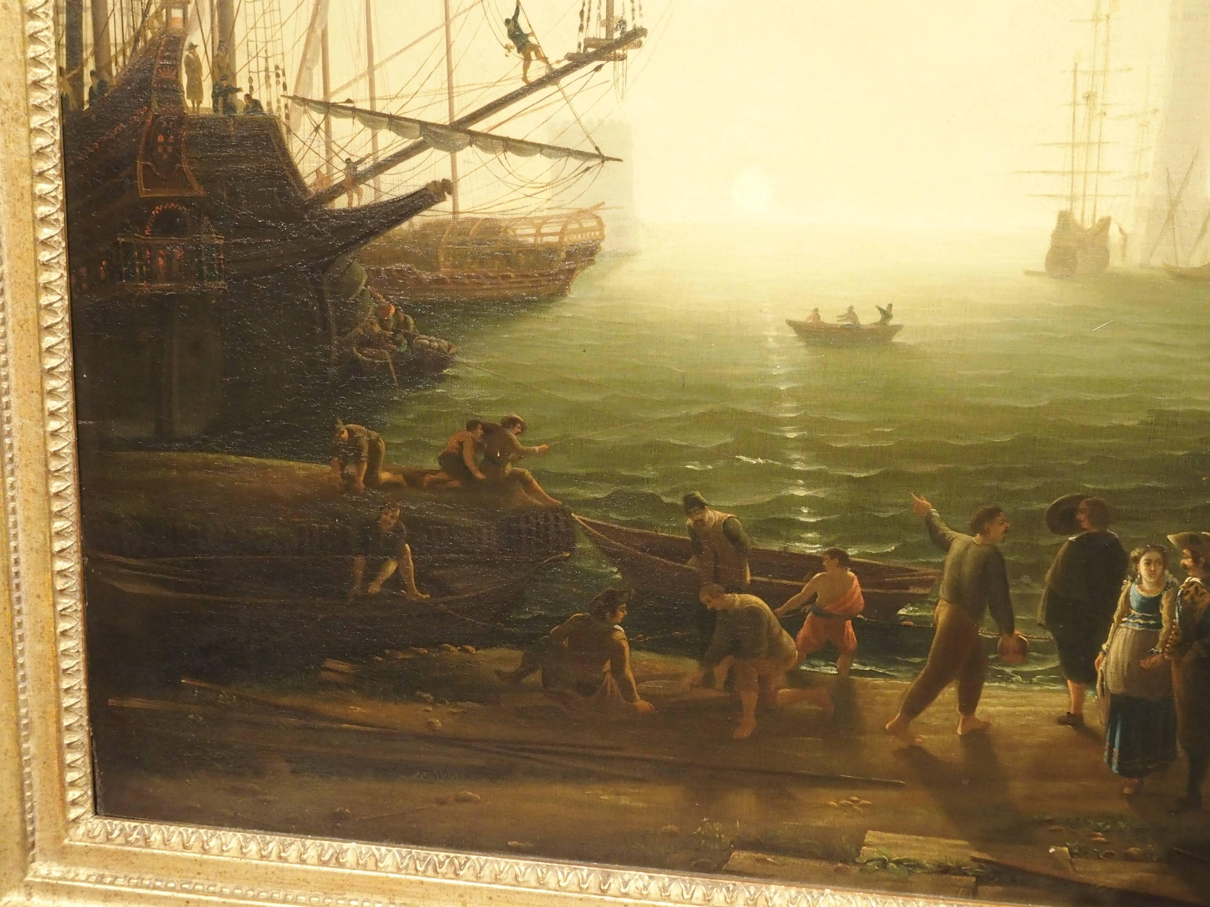 19th Century Large Antique Oil Painting on Canvas, Harbour at Sunset and the Villa Medici