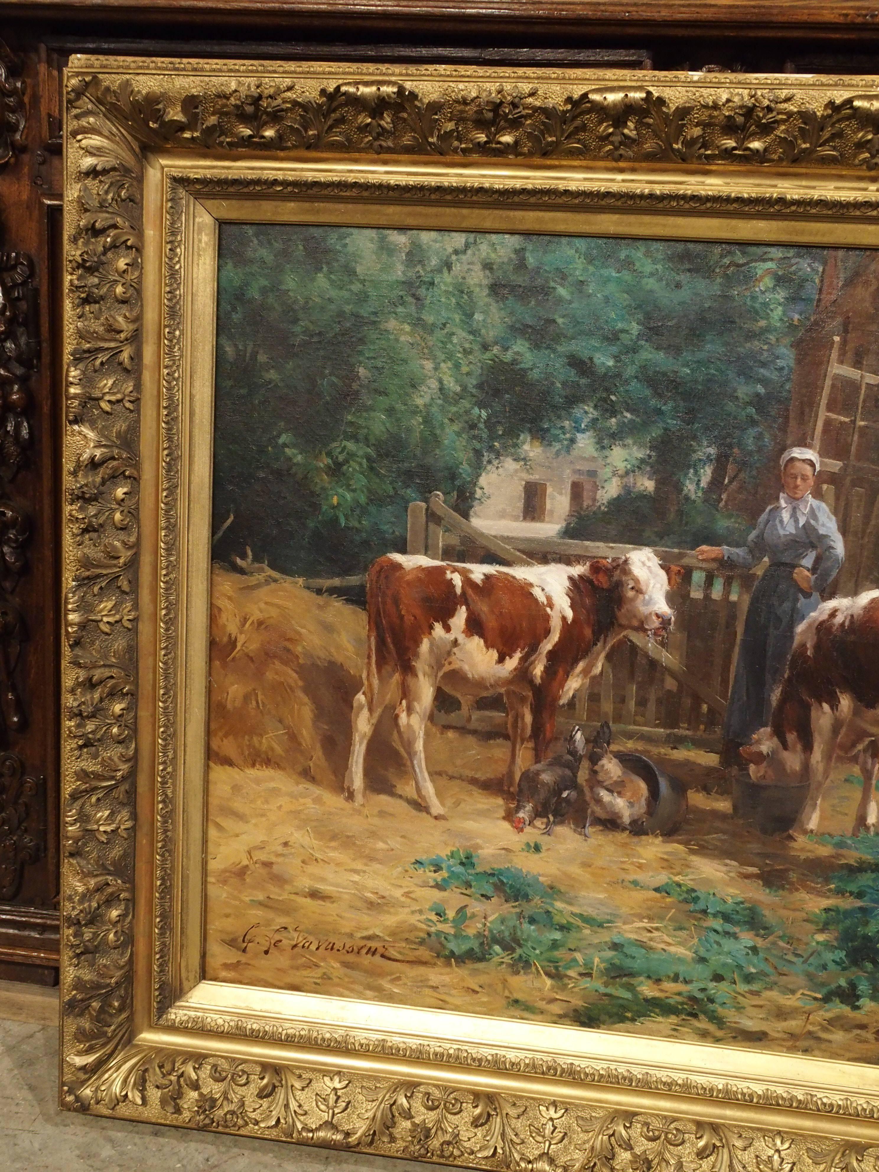 Cyprien Le Vavasseuer (1866-1924)

This oil on canvas depicts a peaceful, sunny, summer afternoon with cows and roosters at feeding time. There is a female caretaker in attendance within the enclosed area of the barnyard, and the ground is strewn