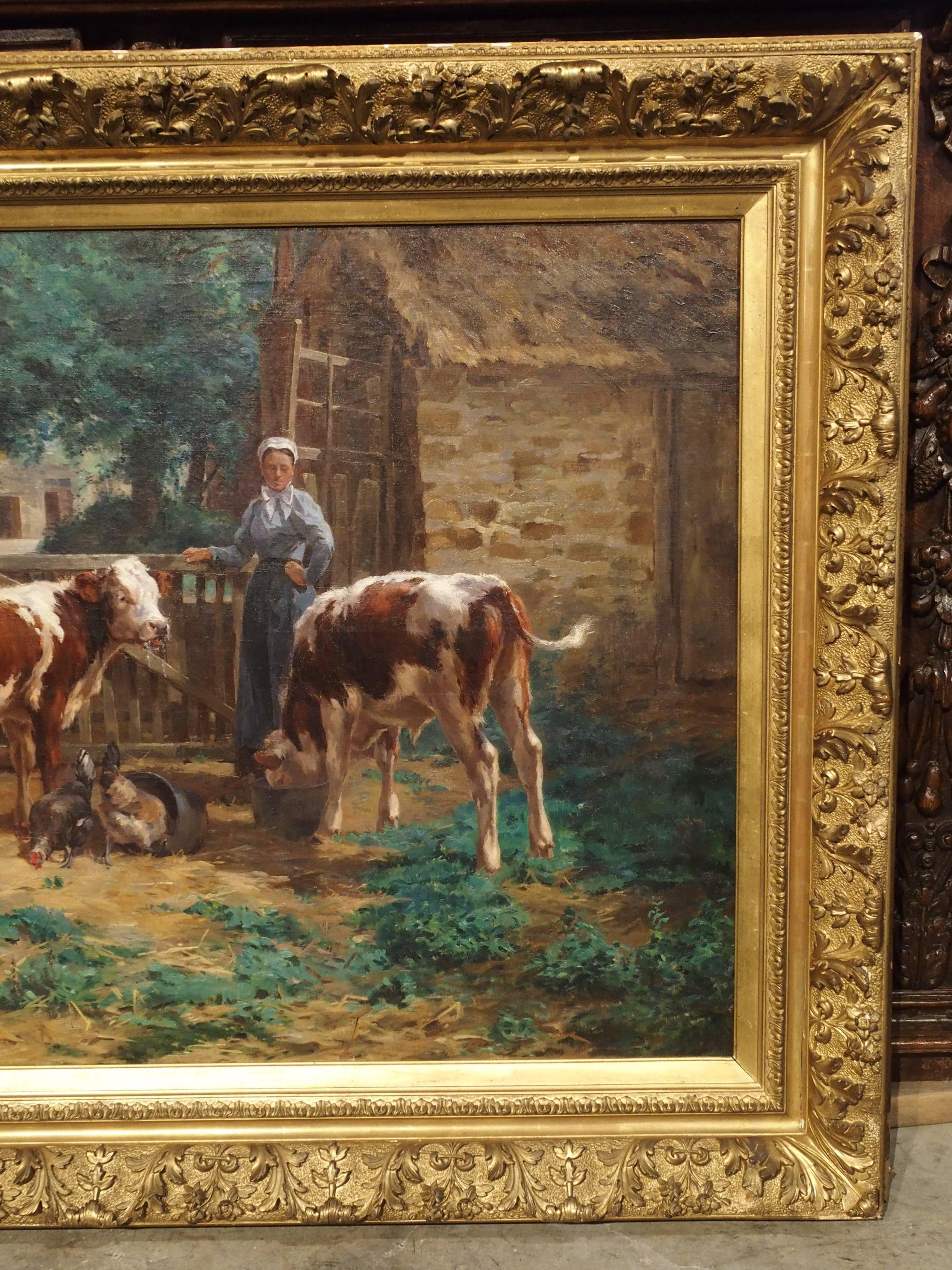 Large Antique French Oil on Canvas, a Farm Scene by Le Vavasseuer In Good Condition In Dallas, TX
