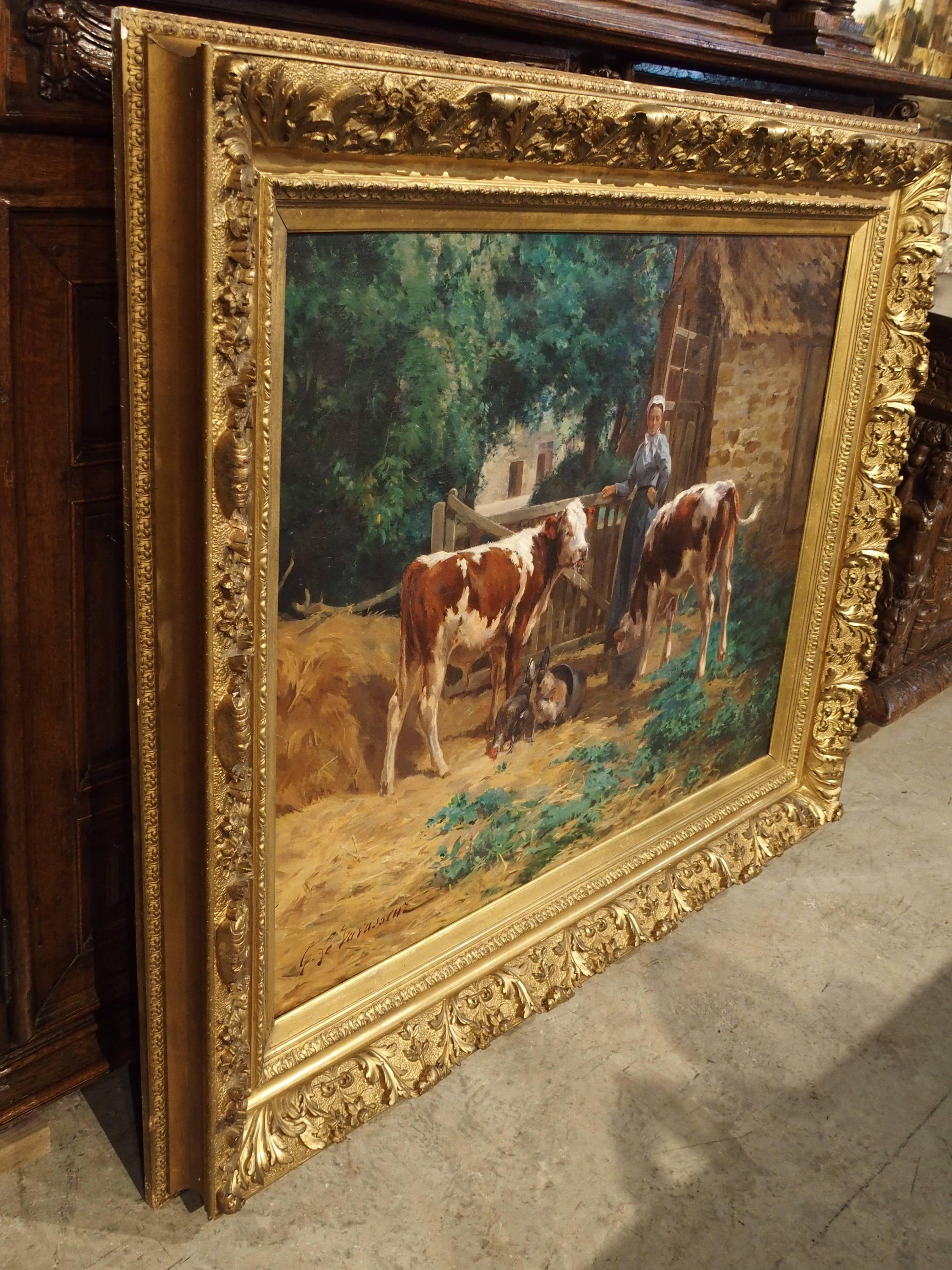 19th Century Large Antique French Oil on Canvas, a Farm Scene by Le Vavasseuer