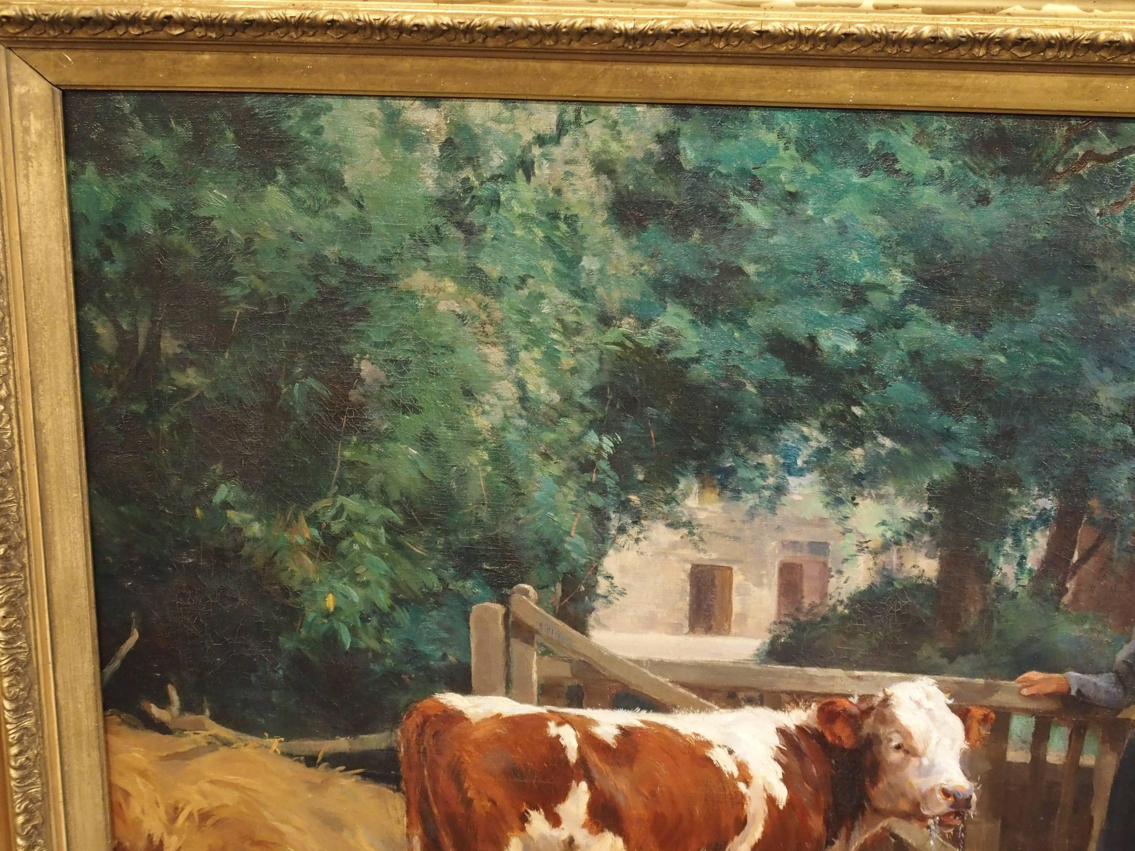 Large Antique French Oil on Canvas, a Farm Scene by Le Vavasseuer 1