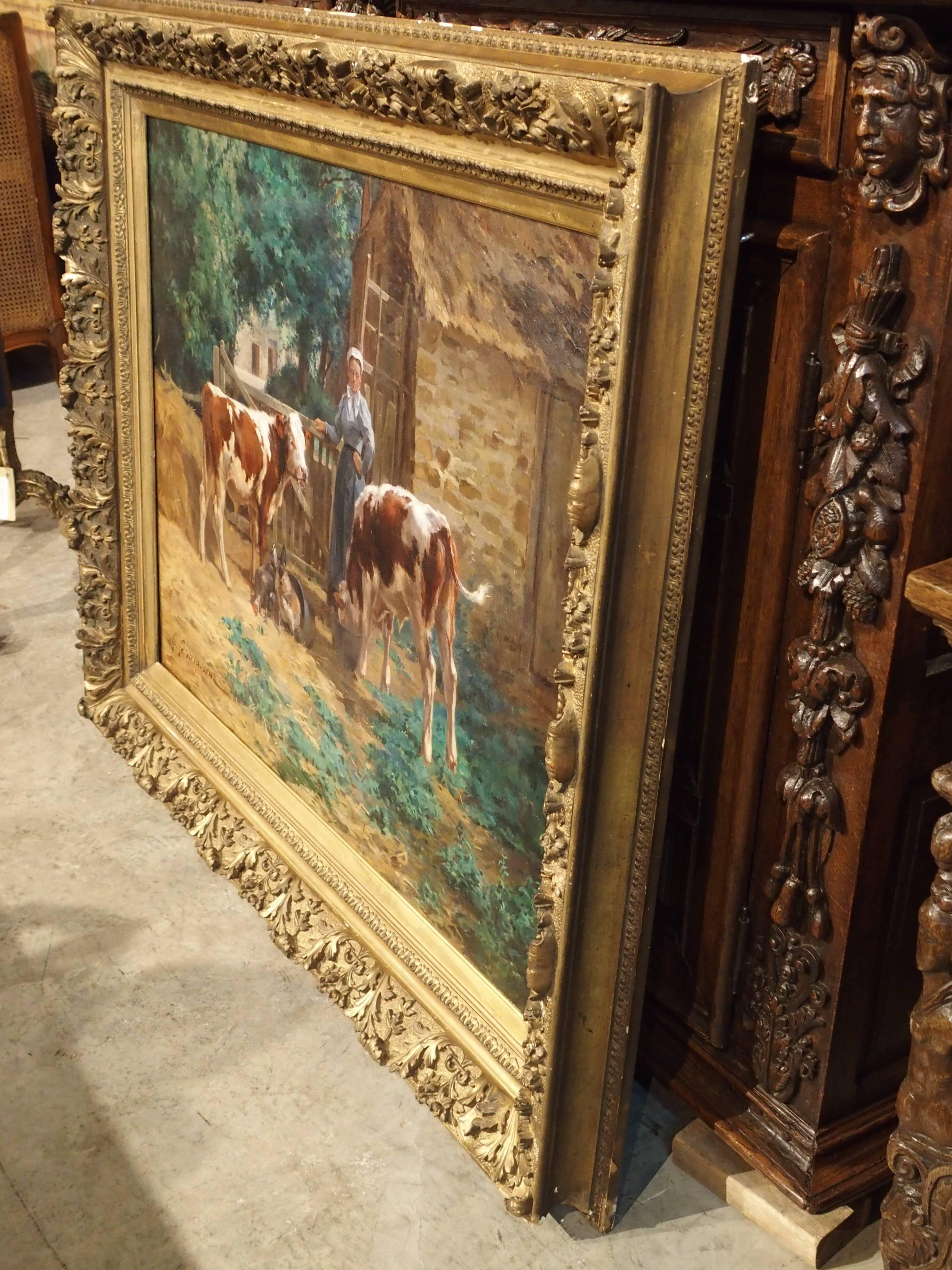Large Antique French Oil on Canvas, a Farm Scene by Le Vavasseuer 2