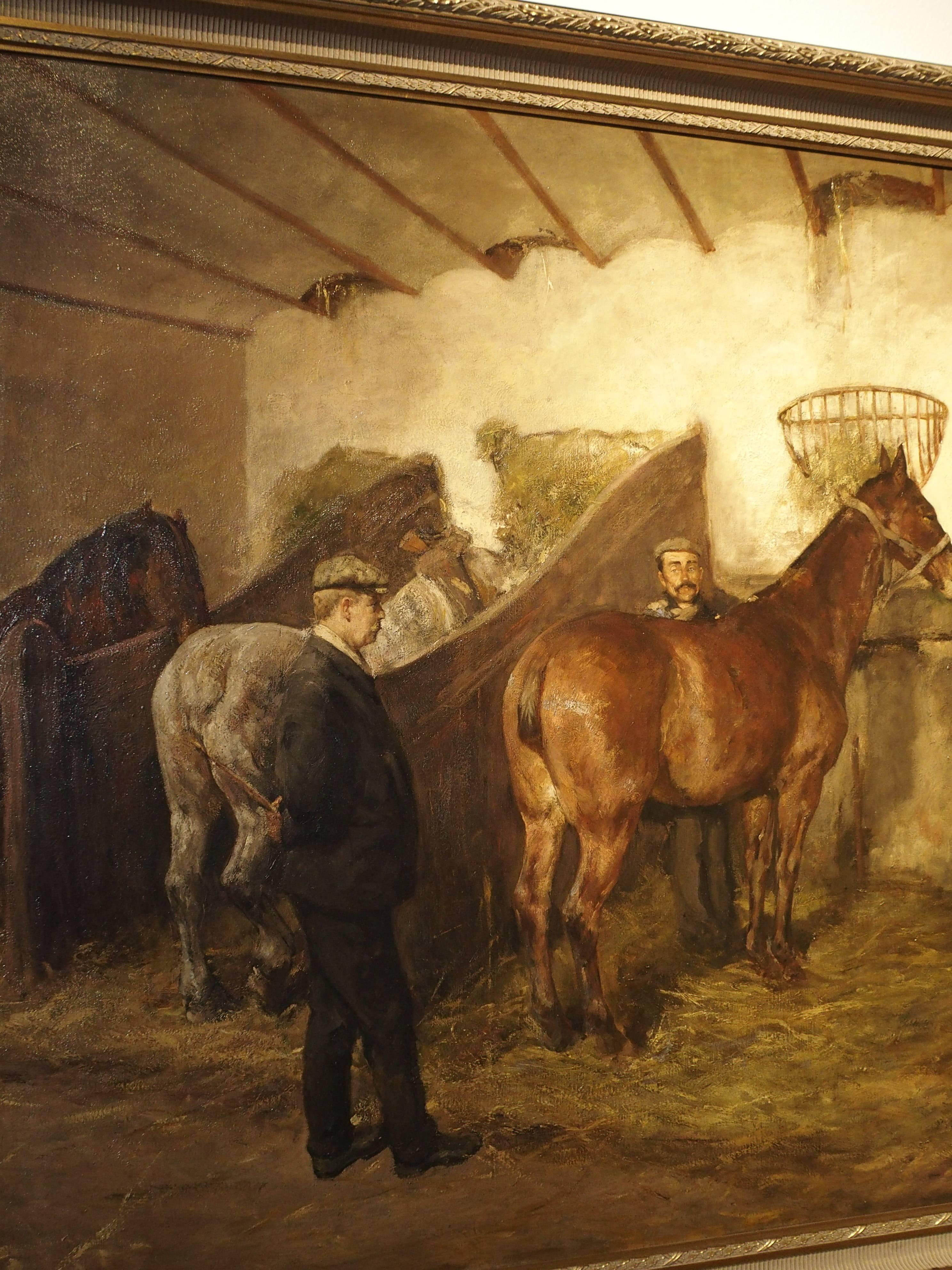 Belgian Large Oil on Canvas from Belgium, 'The Horse Stable'