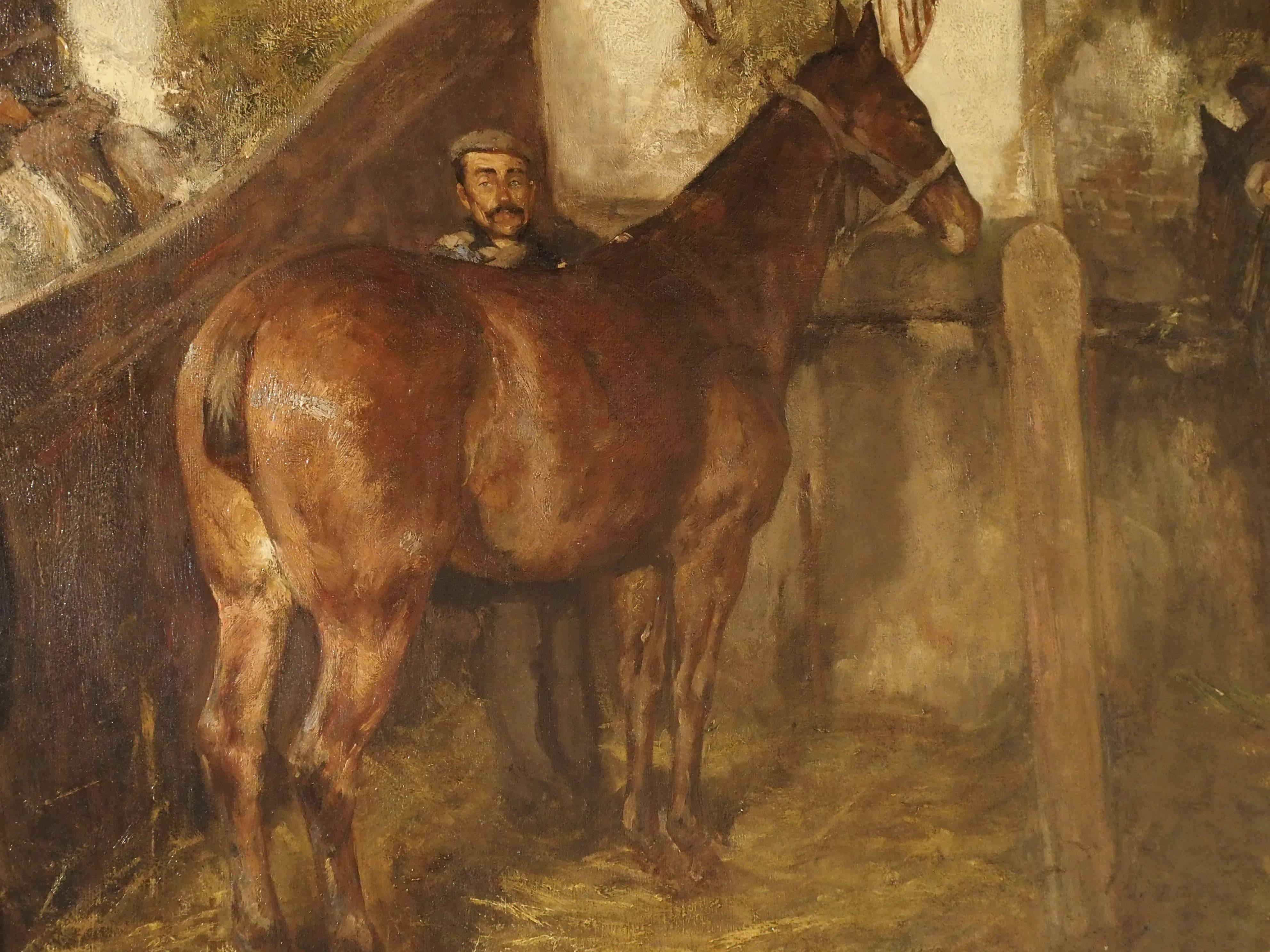 Large Oil on Canvas from Belgium, 'The Horse Stable' In Good Condition In Dallas, TX