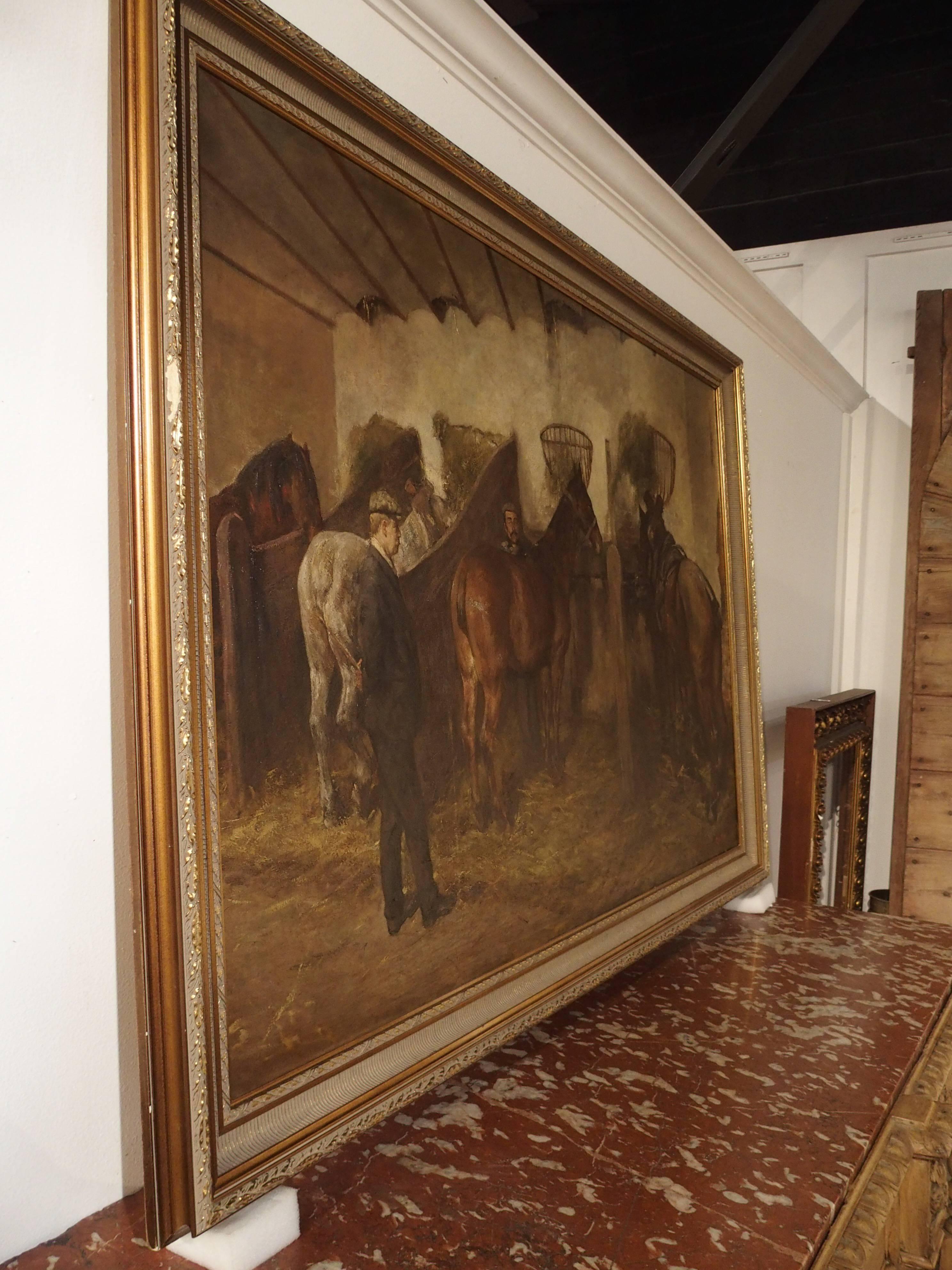 20th Century Large Oil on Canvas from Belgium, 'The Horse Stable'