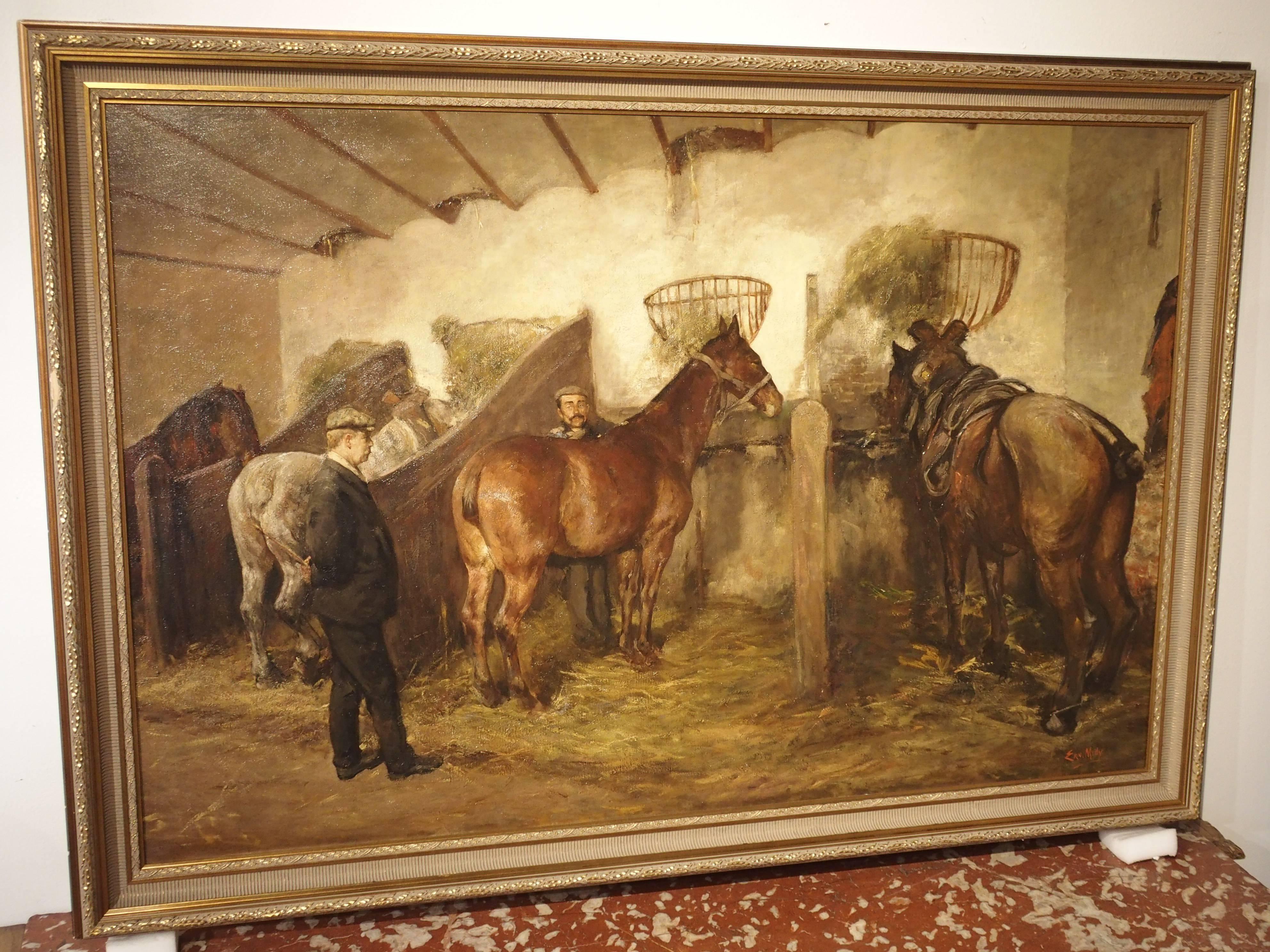 Large Oil on Canvas from Belgium, 'The Horse Stable' 2