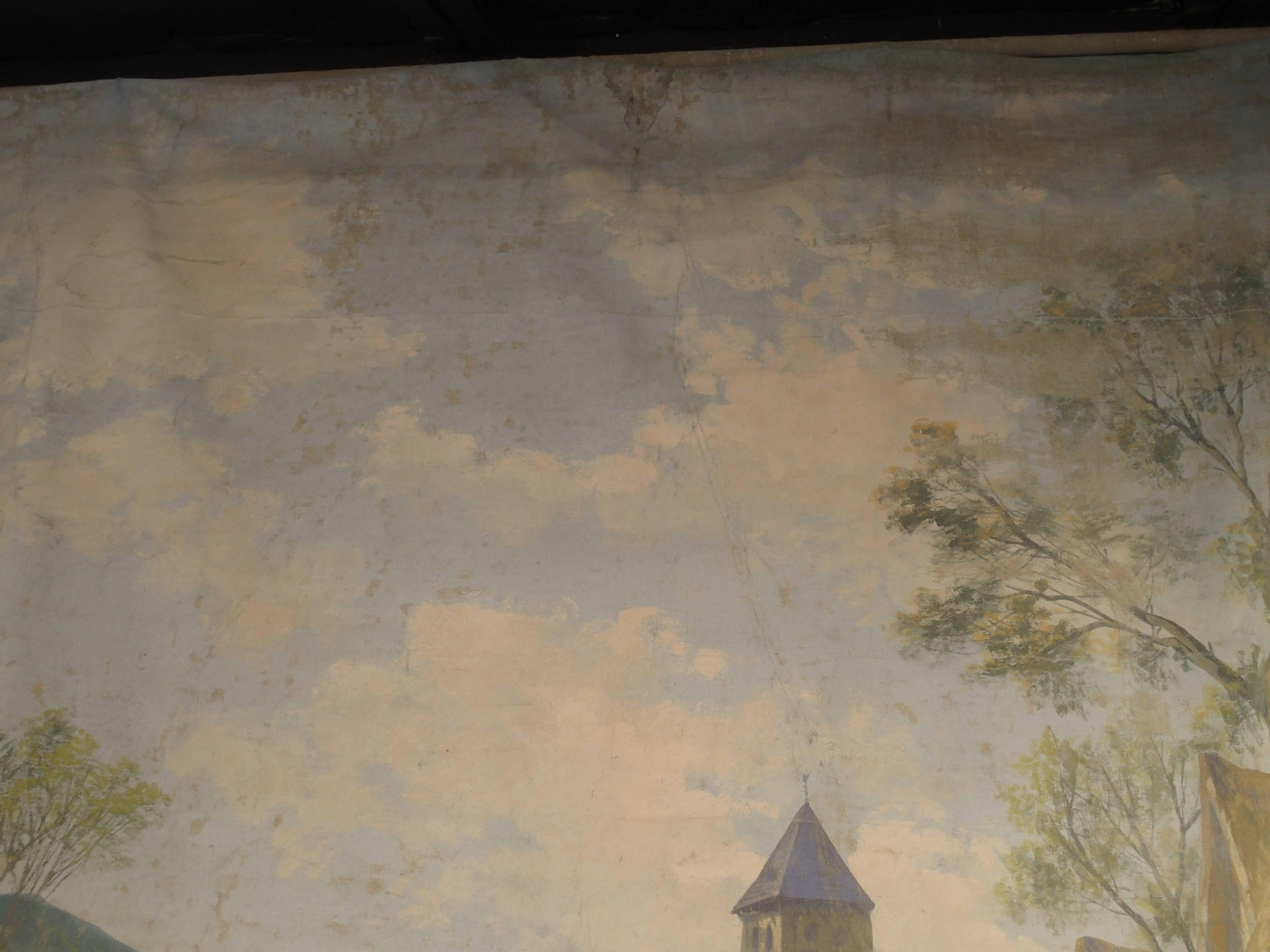 Painted 21 Foot Long Antique French Theater Backdrop, circa 1910