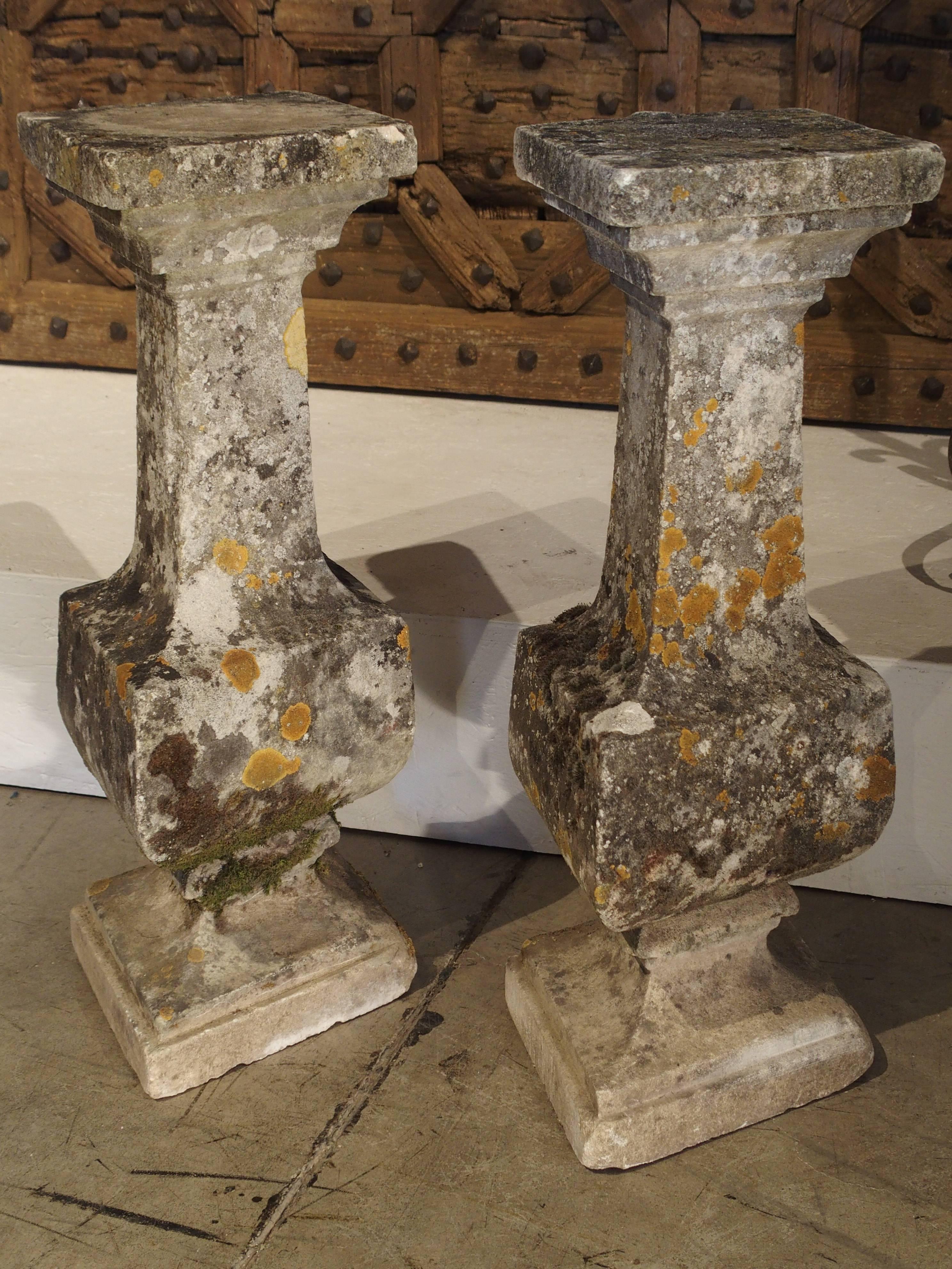 Hand-carved stone, unusual shape

This pair of antique French, carved stone balusters were once part of a stone railing. They have an unusual diamond shape as opposed to the square or round shape seen so often. Today, these would make wonderful