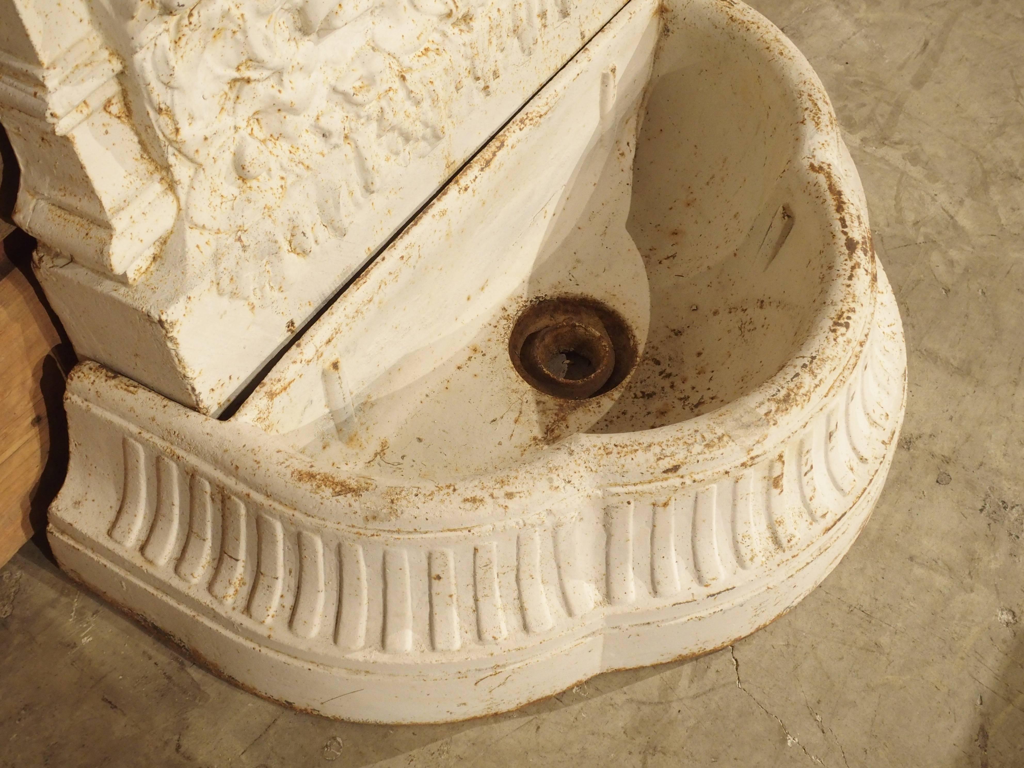 Antique Painted Cast Iron Neptune Wall Fountain from France In Good Condition In Dallas, TX