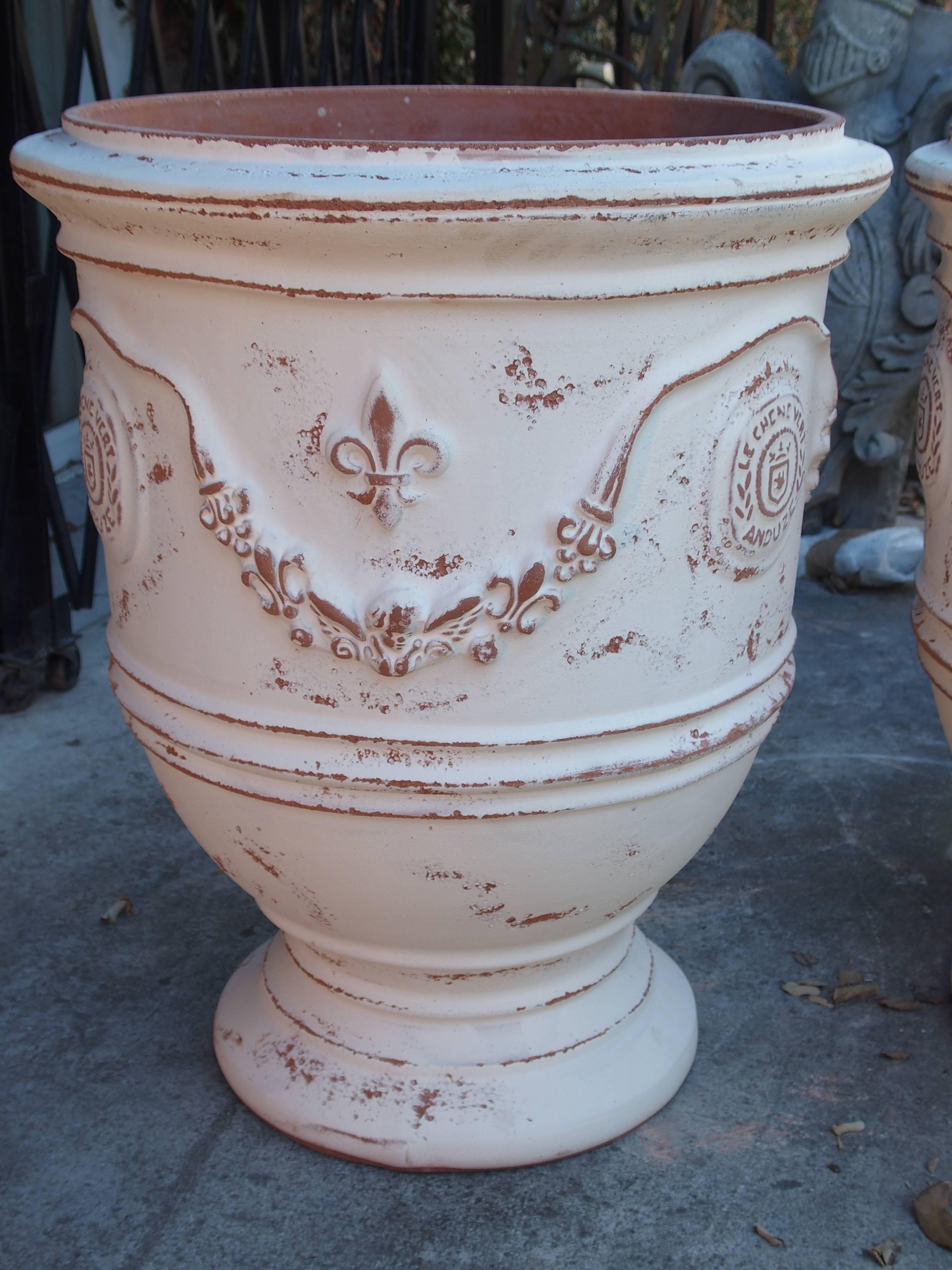 Contemporary Pair of White Painted and Distressed Anduze Pots, France