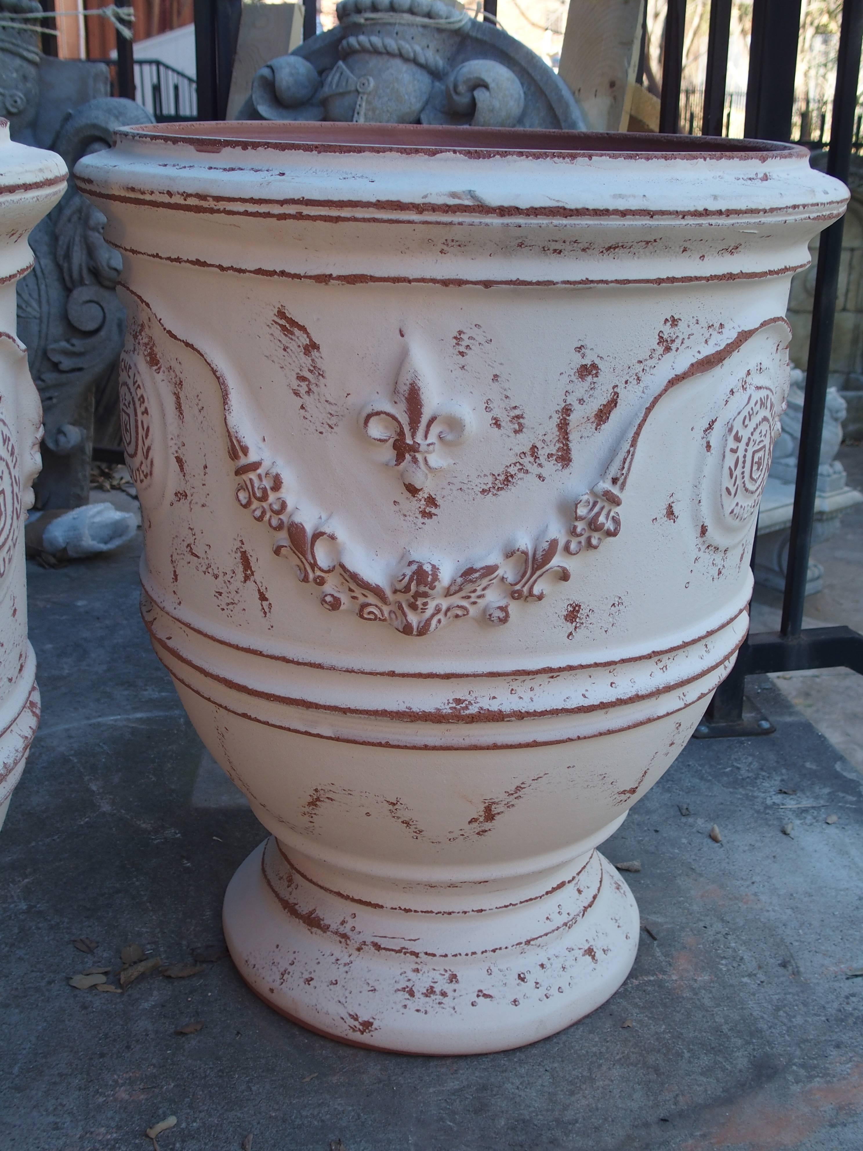 Terracotta Pair of White Painted and Distressed Anduze Pots, France