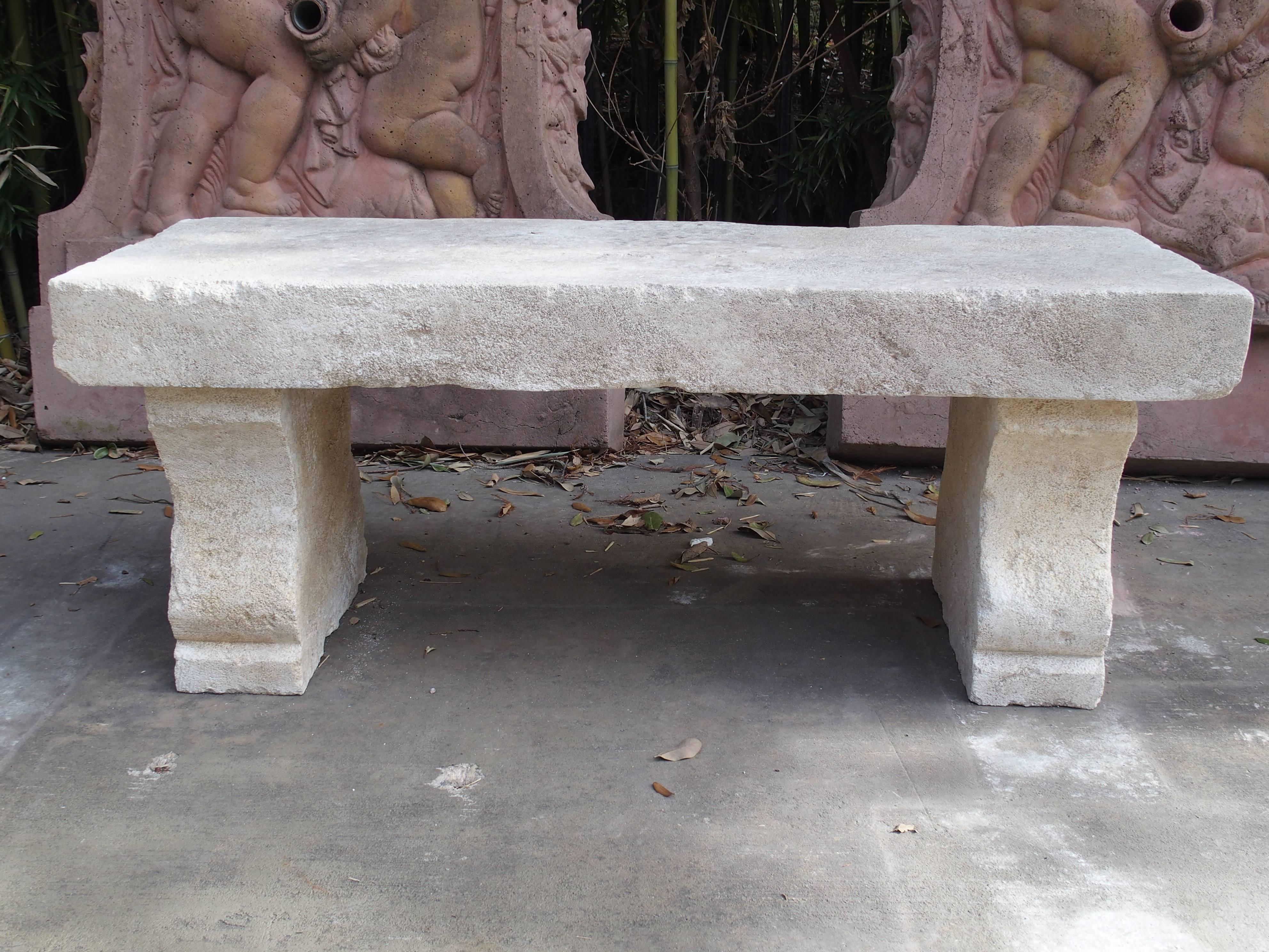 Hand-Carved Carved Limestone Garden Bench from France