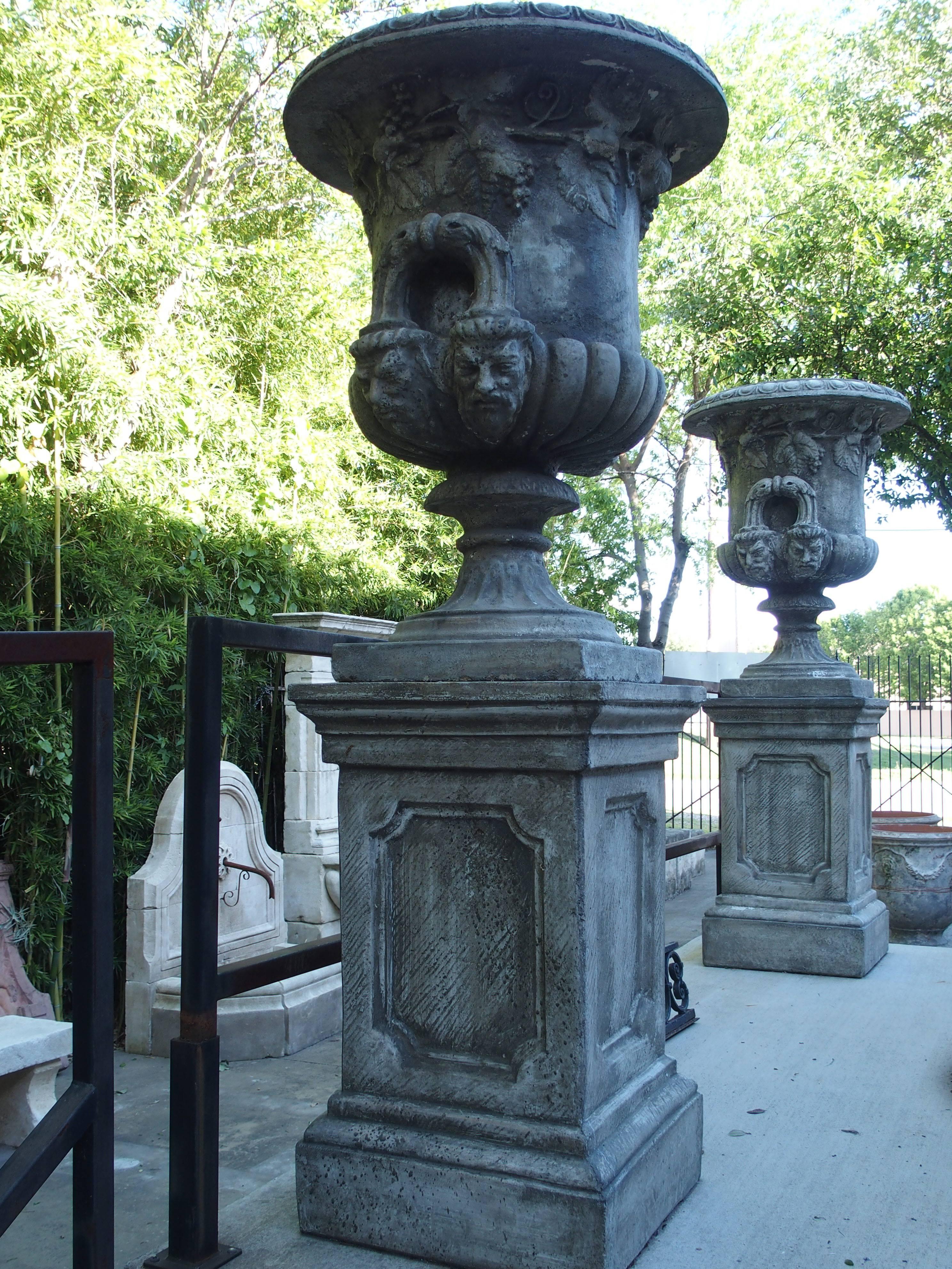 French Pair of Large Medici Style Urns on Pedestals from France